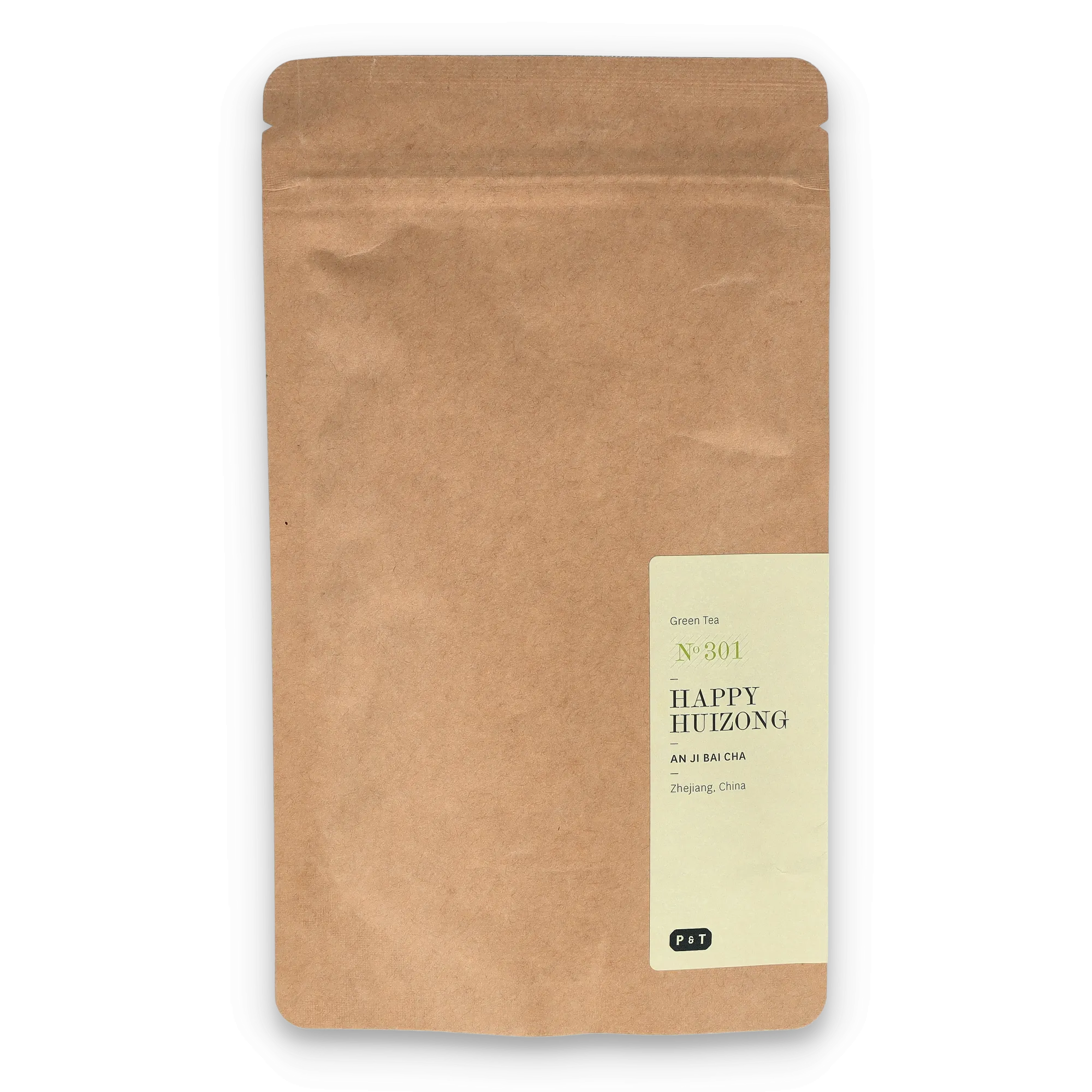 Braune Kraftpapierverpackung mit grünem Tee 'HAPPY HUIZONG', AN JI BAI CHA, Zhejiang, China, Qualität 301