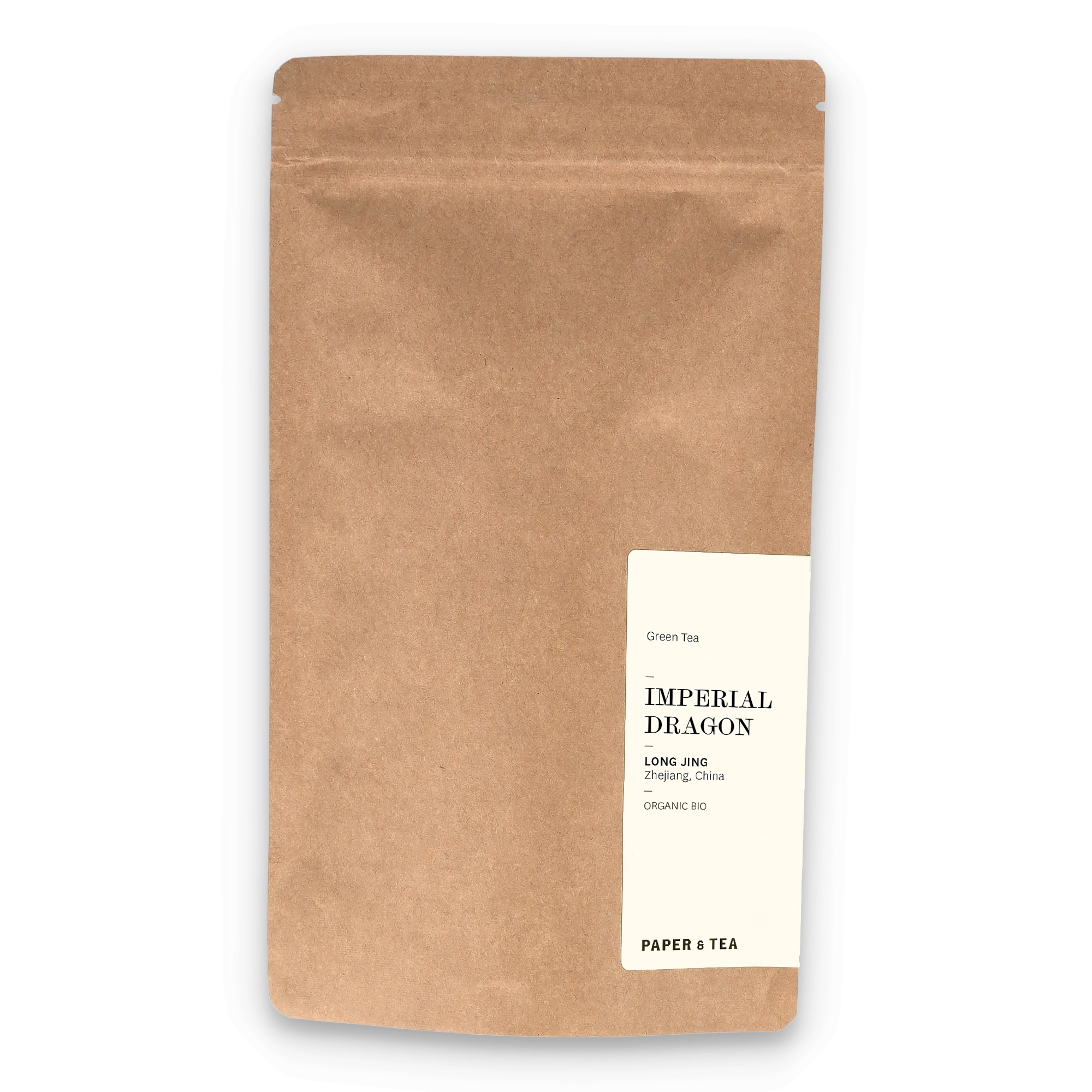 Braune Kraftpapierverpackung mit Etikett für Imperial Dragon Long Jing Bio-Grüntee von Paper & Tea