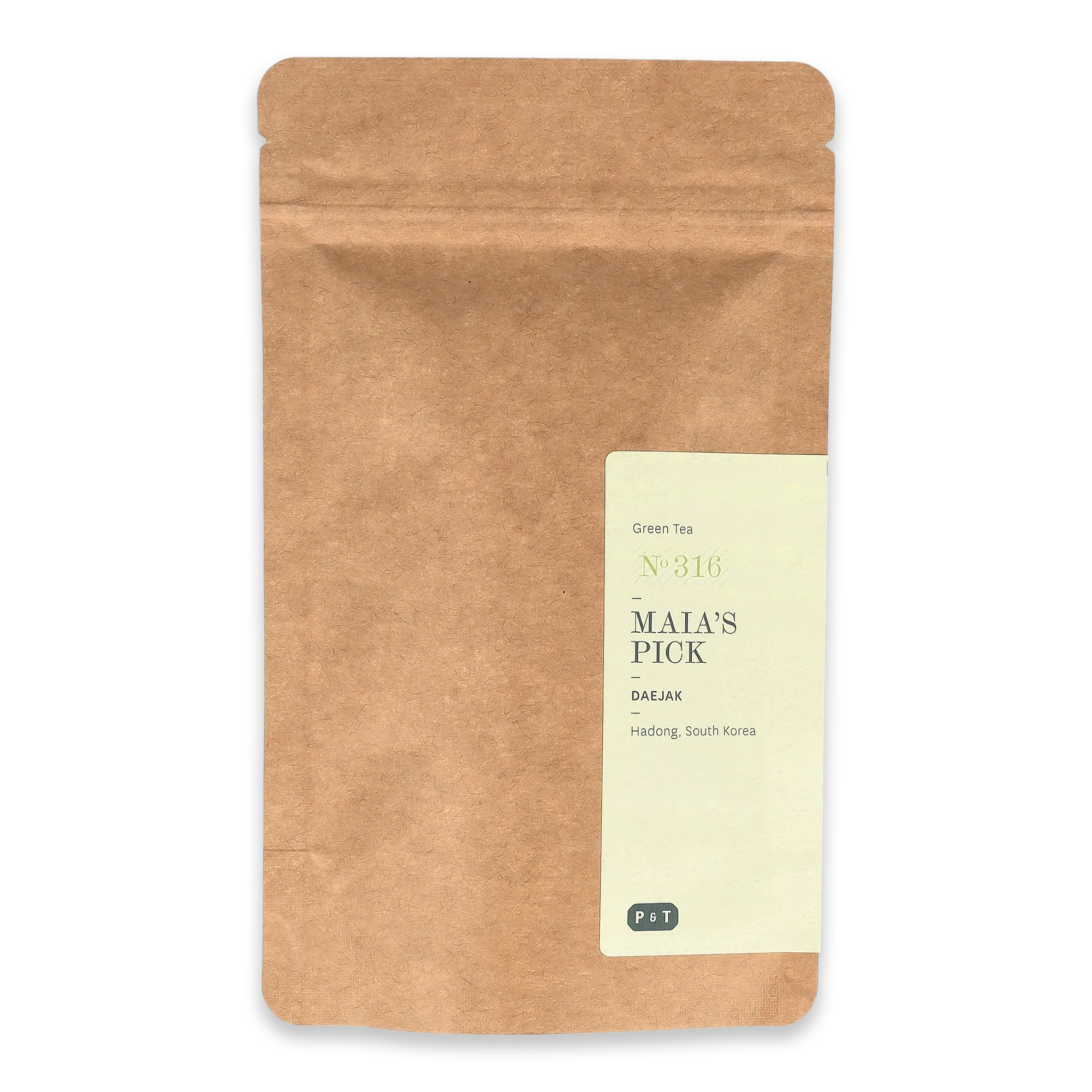 Braune Papierverpackung mit Etikett für grünen Tee aus Hadong, Südkorea von P & T.