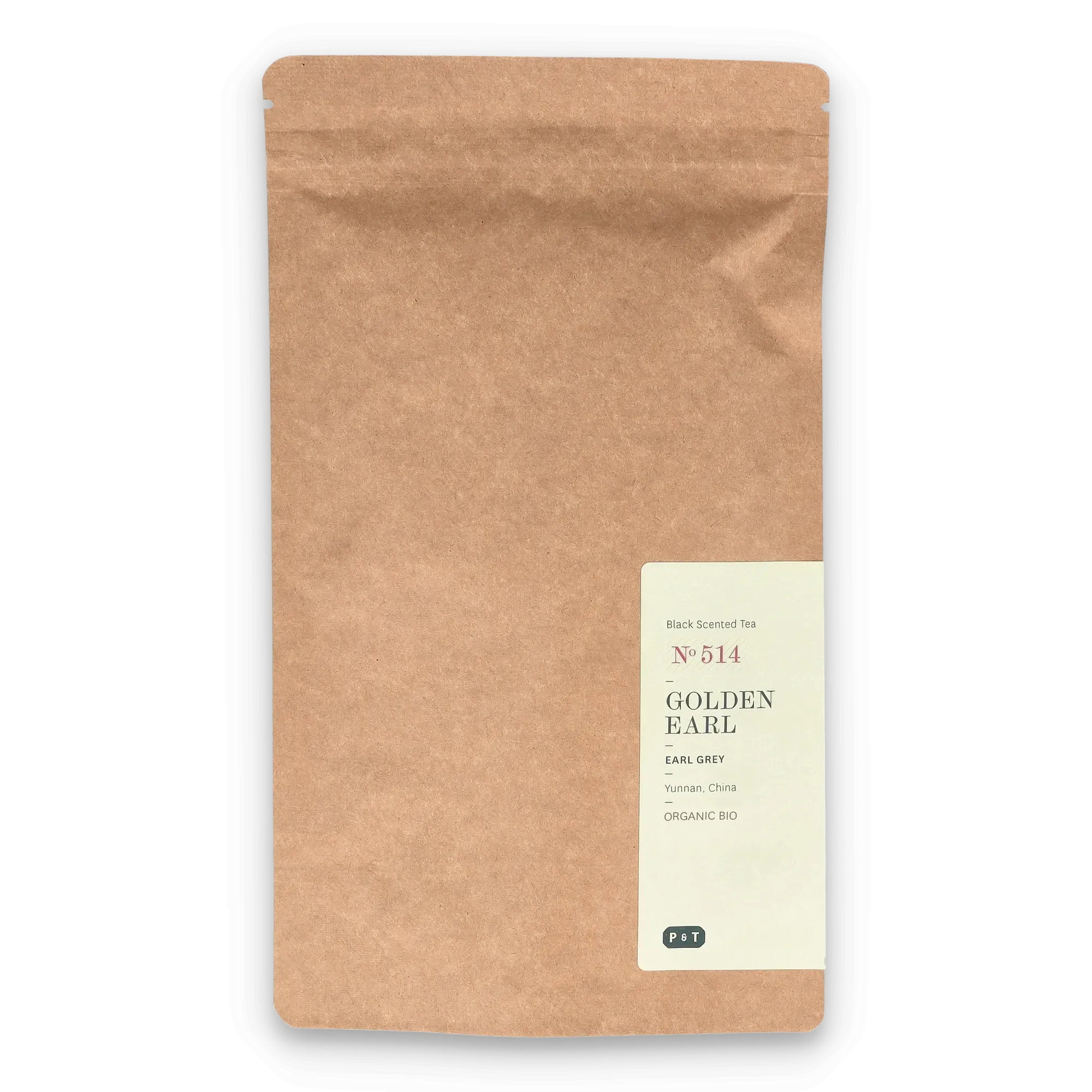 Braune Teeverpackung mit Etikett für GOLDEN EARL Earl Grey Schwarztee von P & T.