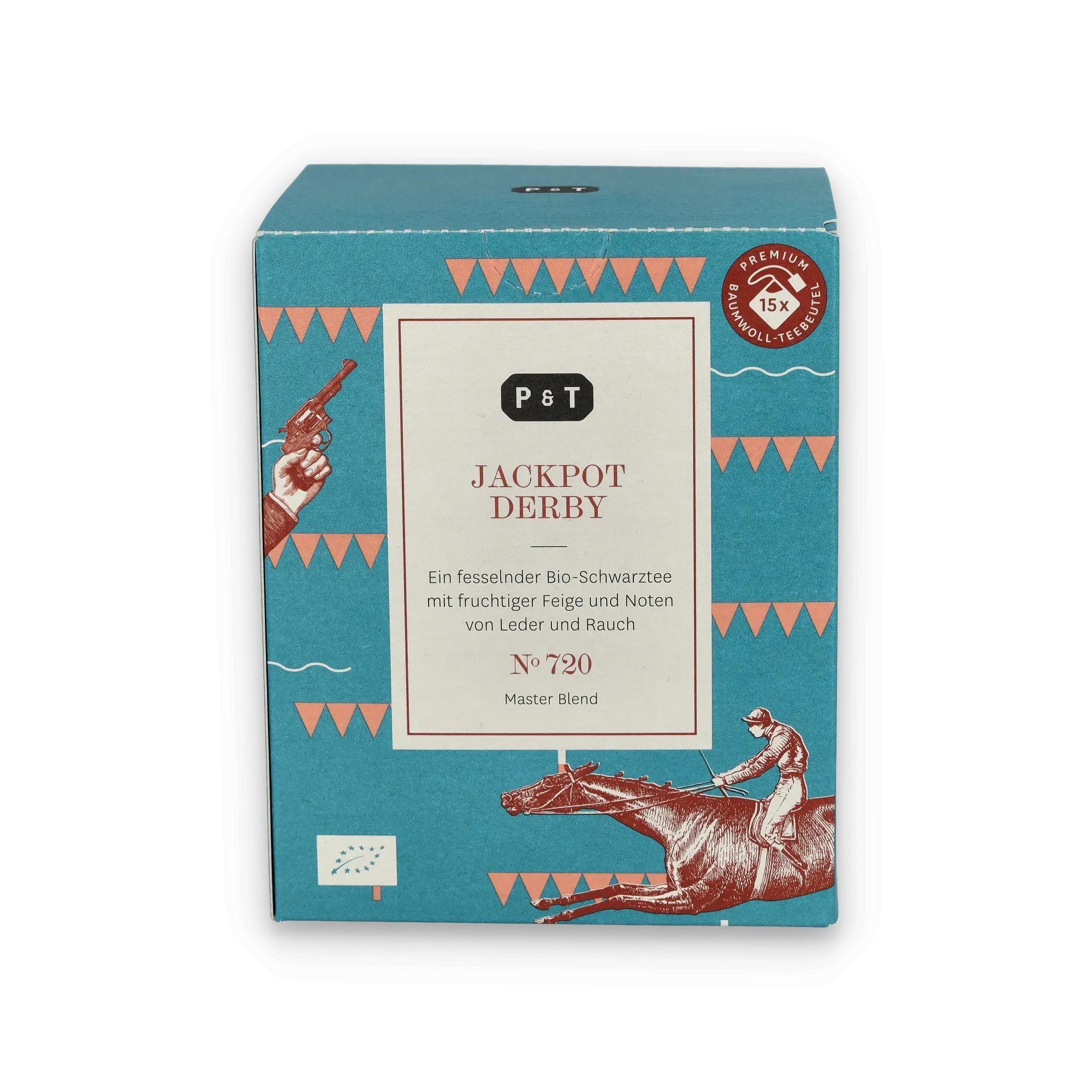 Teebox in Türkis von P & T mit Bio-Schwarztee Jackpot Derby, Feige, Leder- und Rauchnoten, 15 Teebeutel