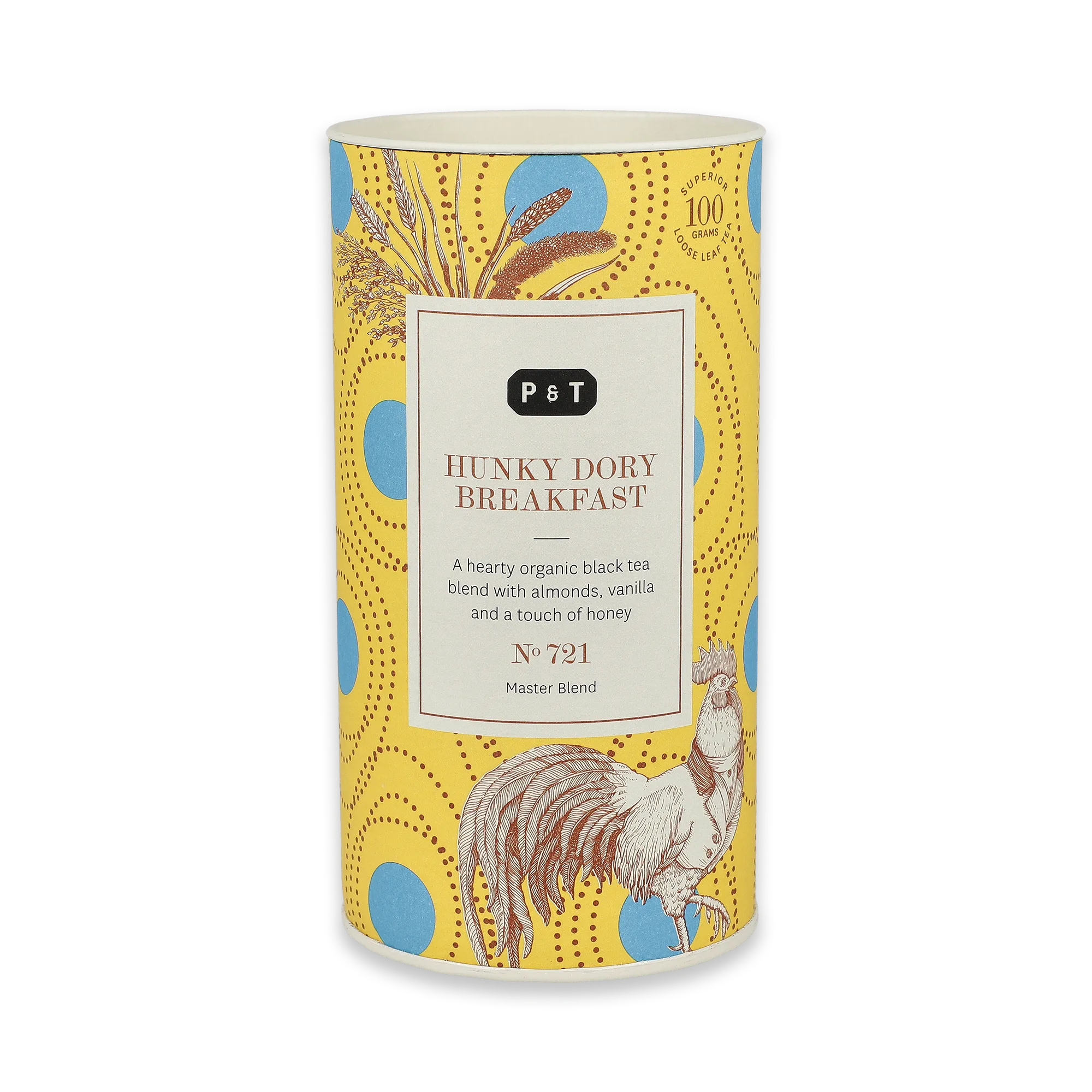 Zylindrische Teedose vor gelbem Hintergrund, HUNKY DORY BREAKFAST Bio-Schwarztee, Mandeln und Vanille