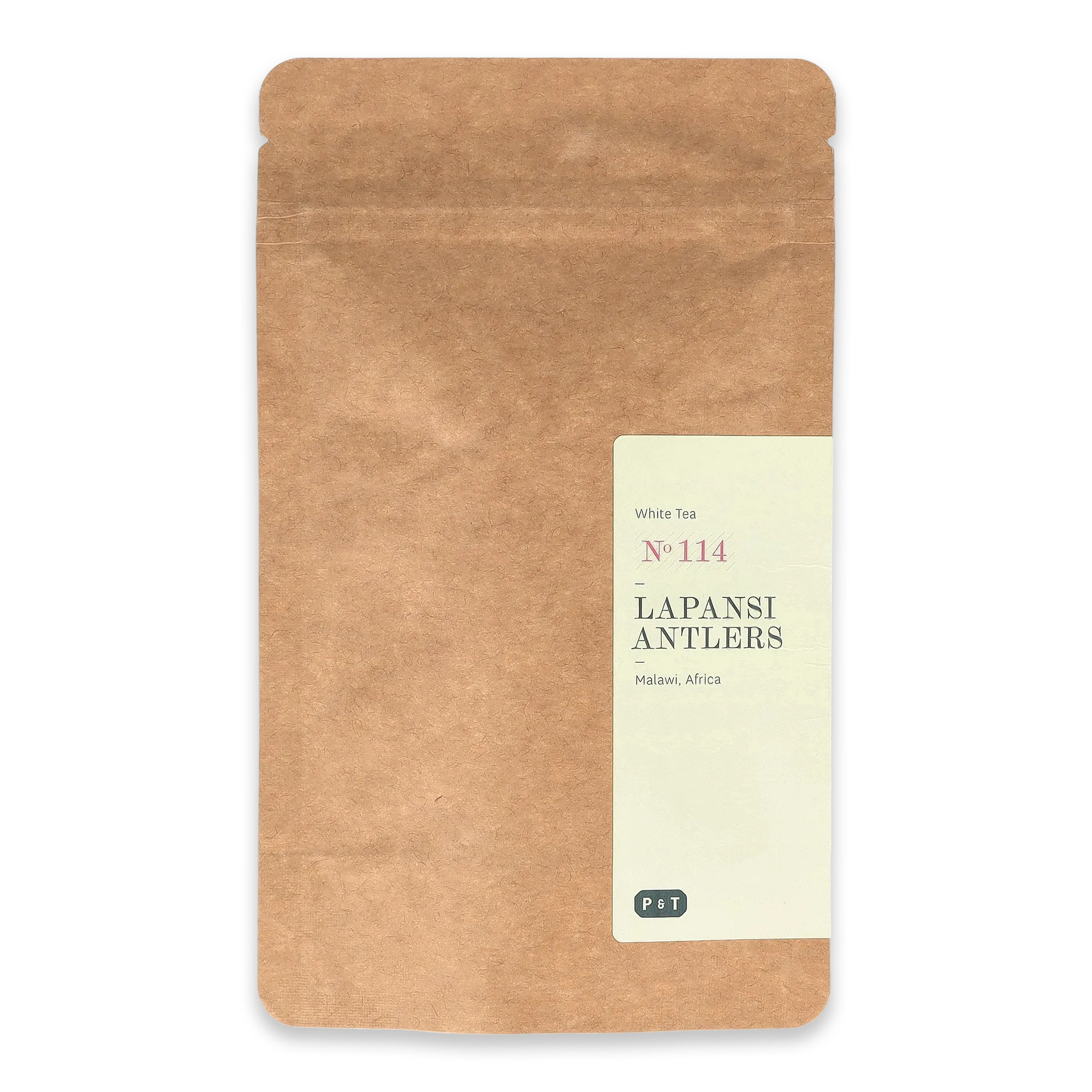 Braune Kraftpapiertüte mit Etikett, weißer Tee Nr. 114 LAPANSI ANTLERS aus Malawi, minimalistisches Design.