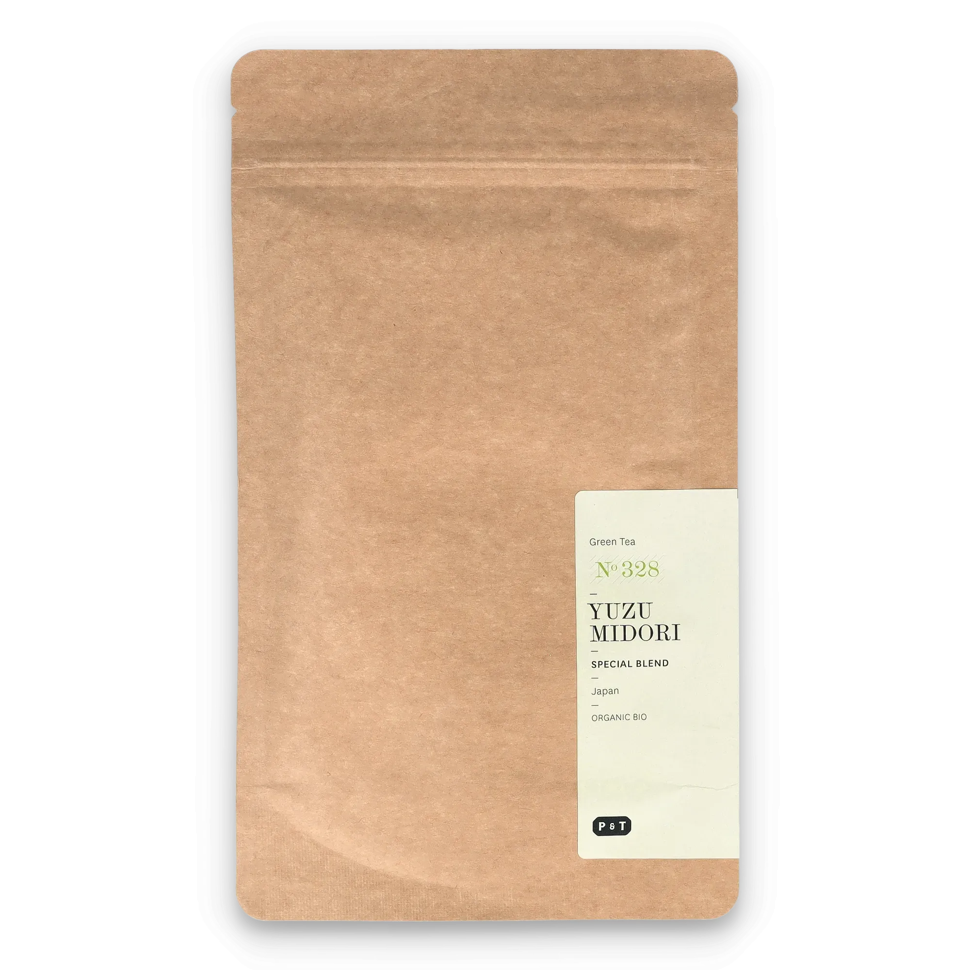Kraftpapiertüte mit Reißverschluss, beschriftet mit grünem Tee YUZU MIDORI No 328, Bio-Mischung von P & T
