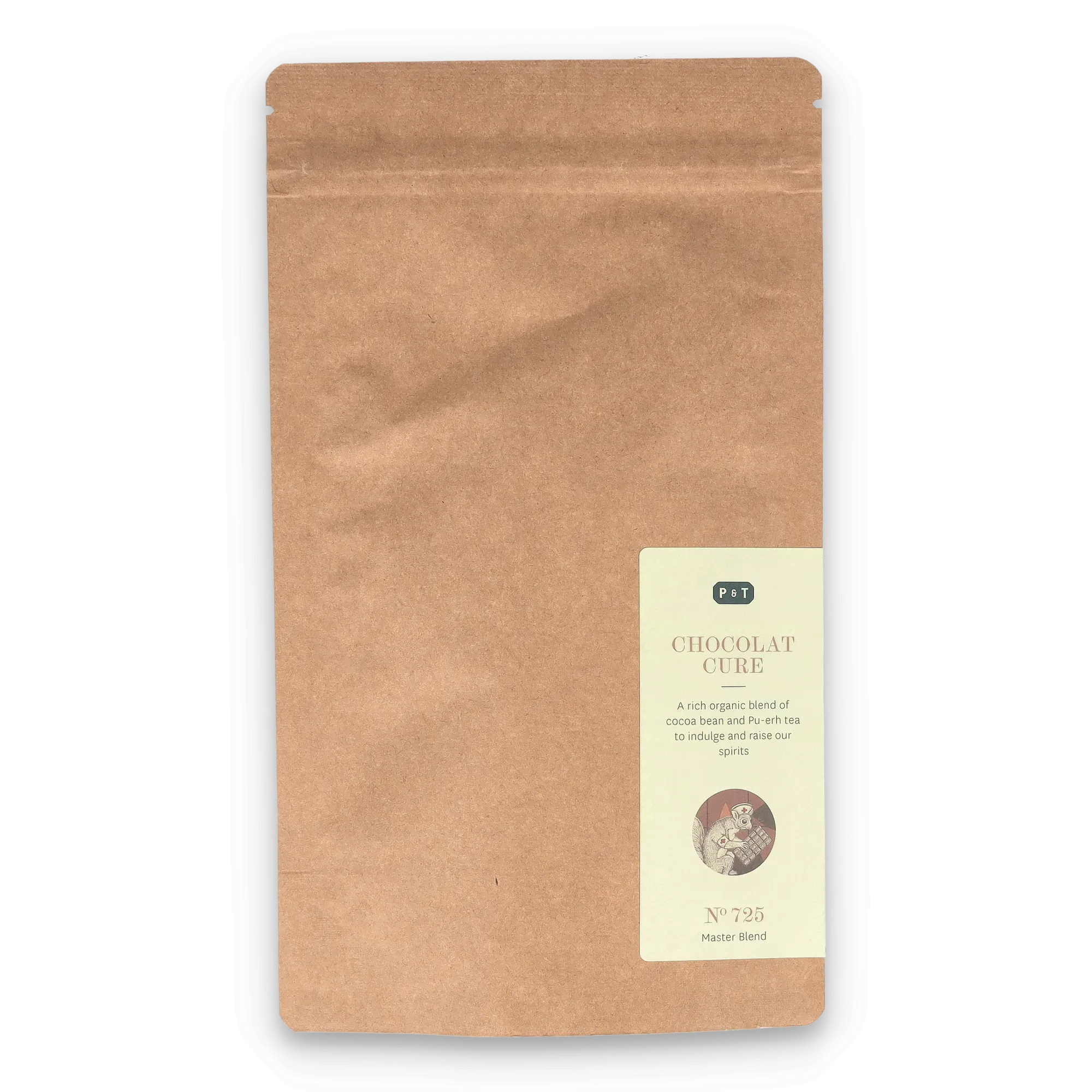 Kraftpapiertüte mit Etikett: P & T Chocolat Cure, Bio-Kakao und Pu-erh-Tee-Mischung.