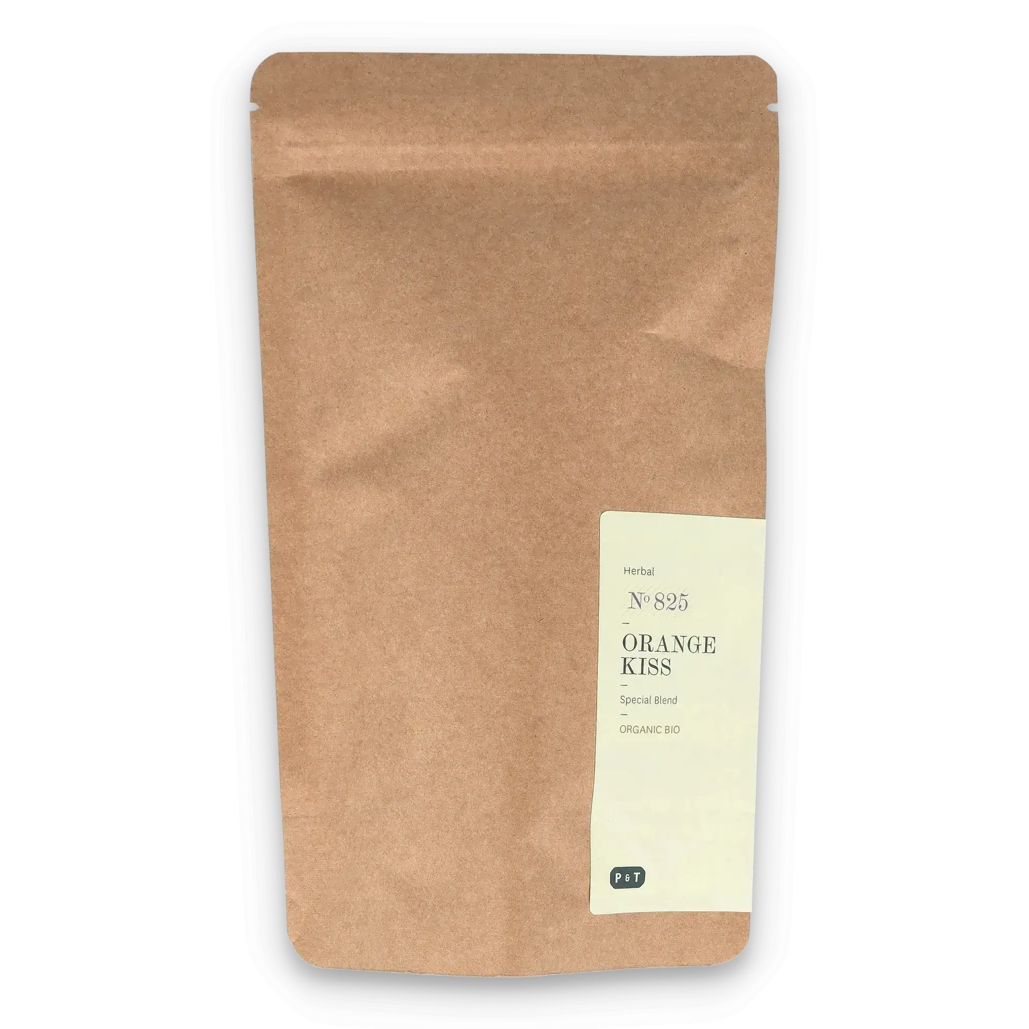 Braune Kraftpapier-Tasche mit weißem Etikett für Orange Kiss Kräutertee von P & T, Bio-Mischung