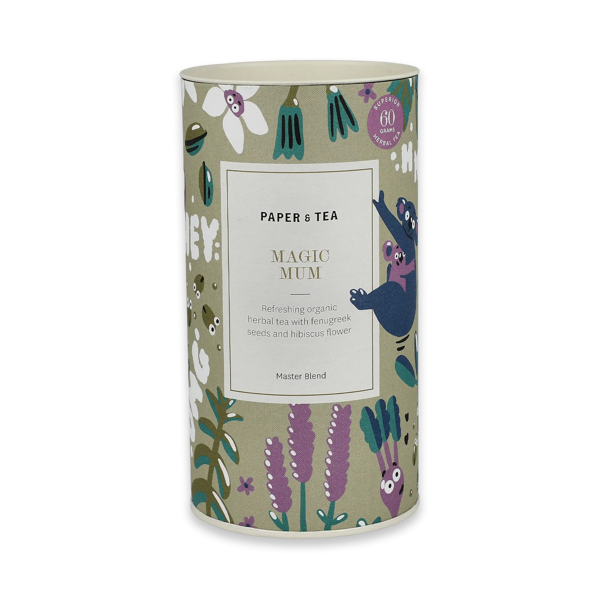 Zylindrische Dose mit botanischen Illustrationen und Magic Mum Kräutertee von Paper & Tea.