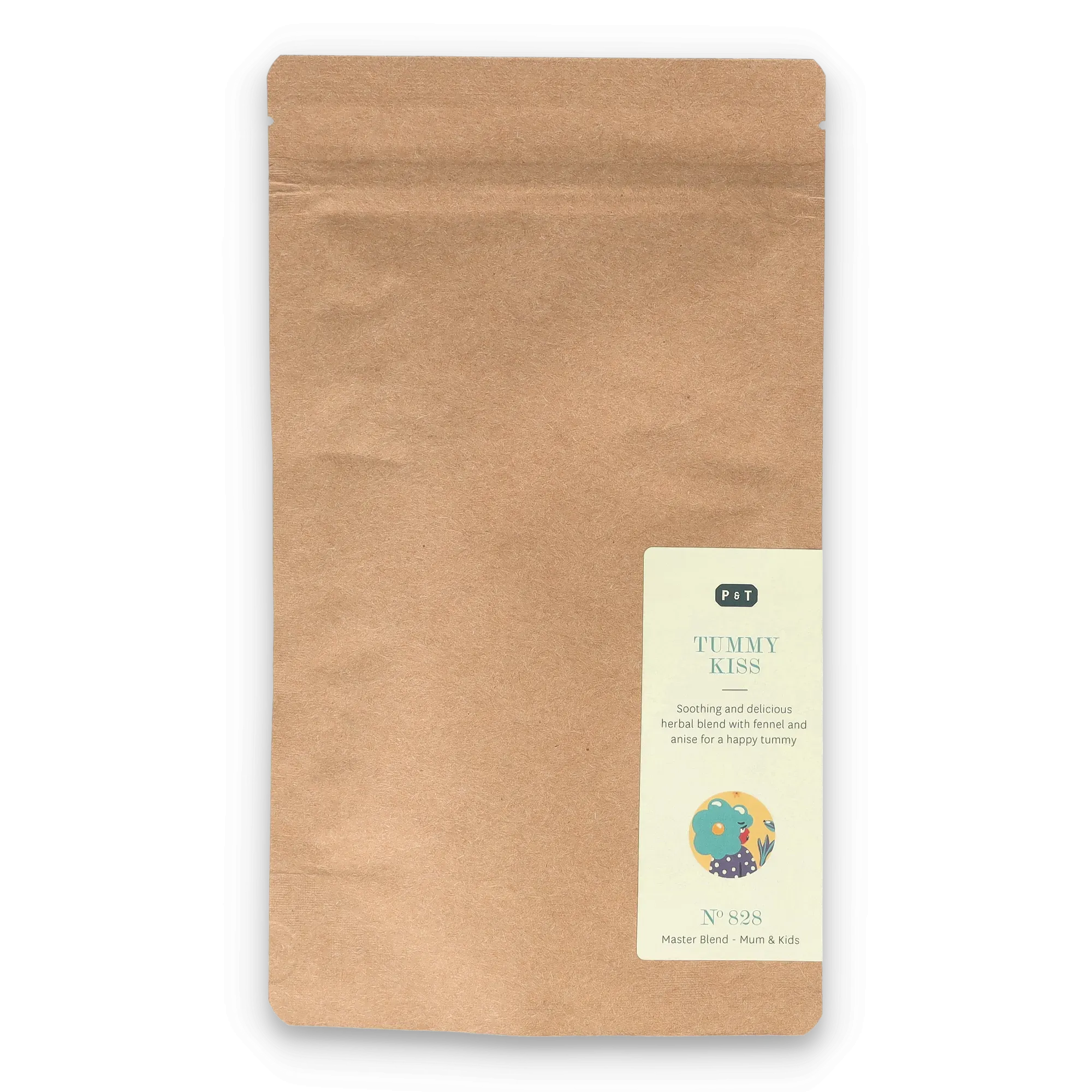 Braune Kraftpapier-Tüte mit P & T TUMMY KISS Kräuterteemischung, Fenchel und Anis.