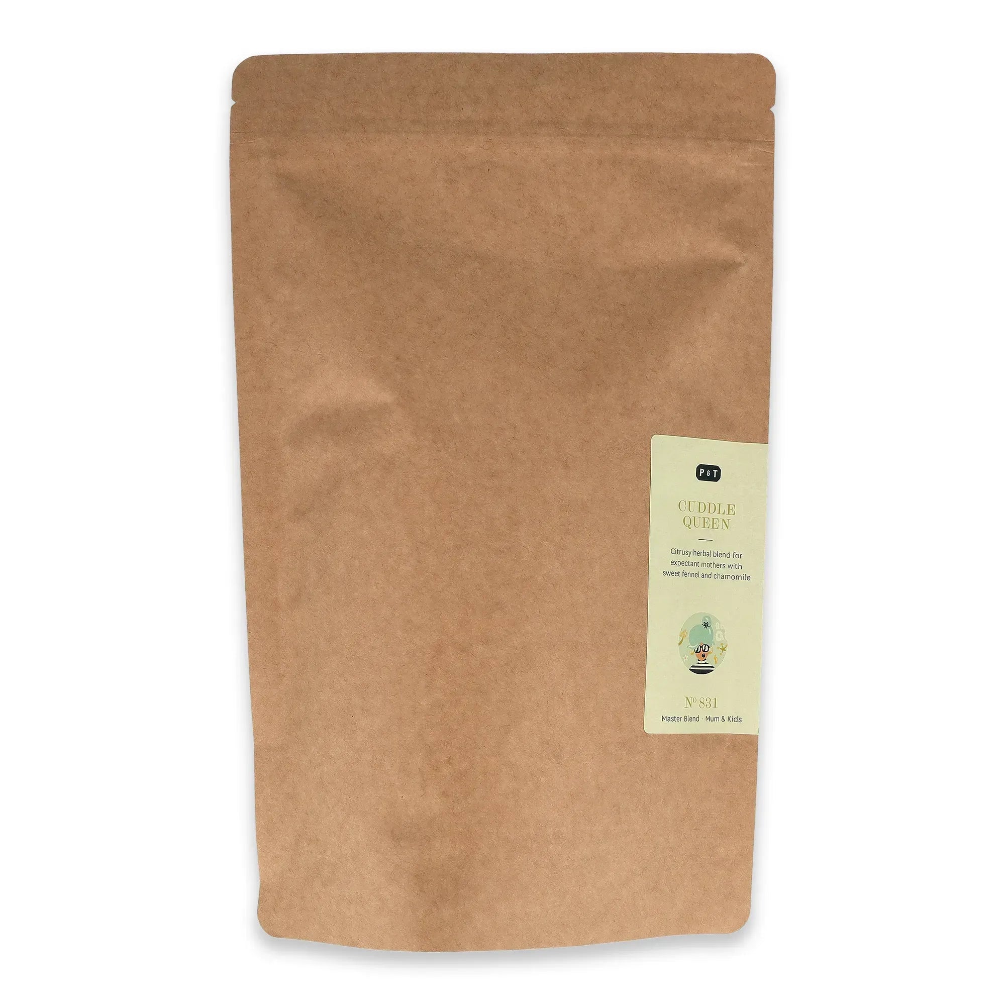 Braune Kraftpapier-Tüte mit grünem Etikett der P & T CUDDLE QUEEN Kräutermischung, Fenchel und Kamille.