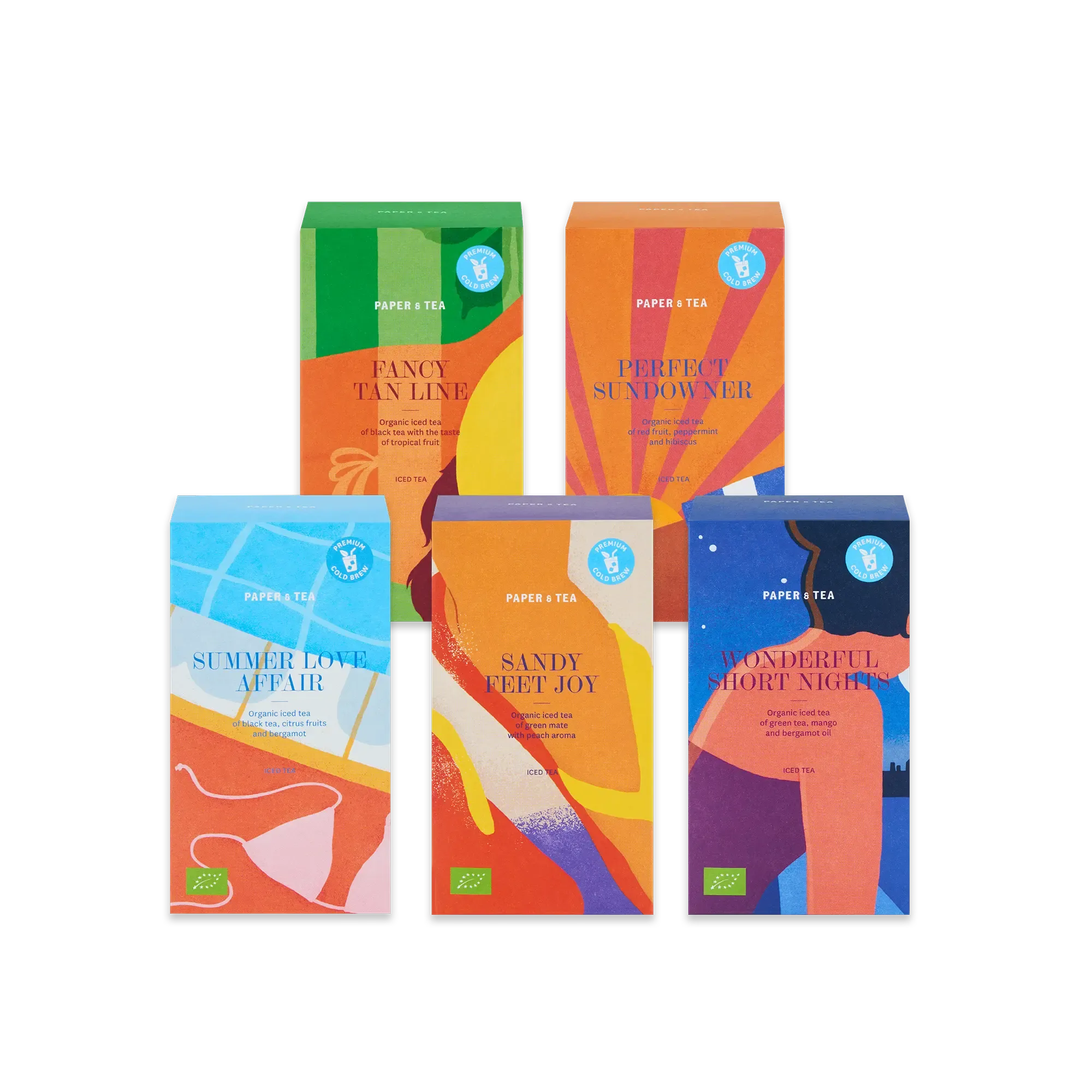 Fünf bunte Verpackungen von Paper & Tea Premium Cold Brew Bio-Eistees mit abstrakten Designs.