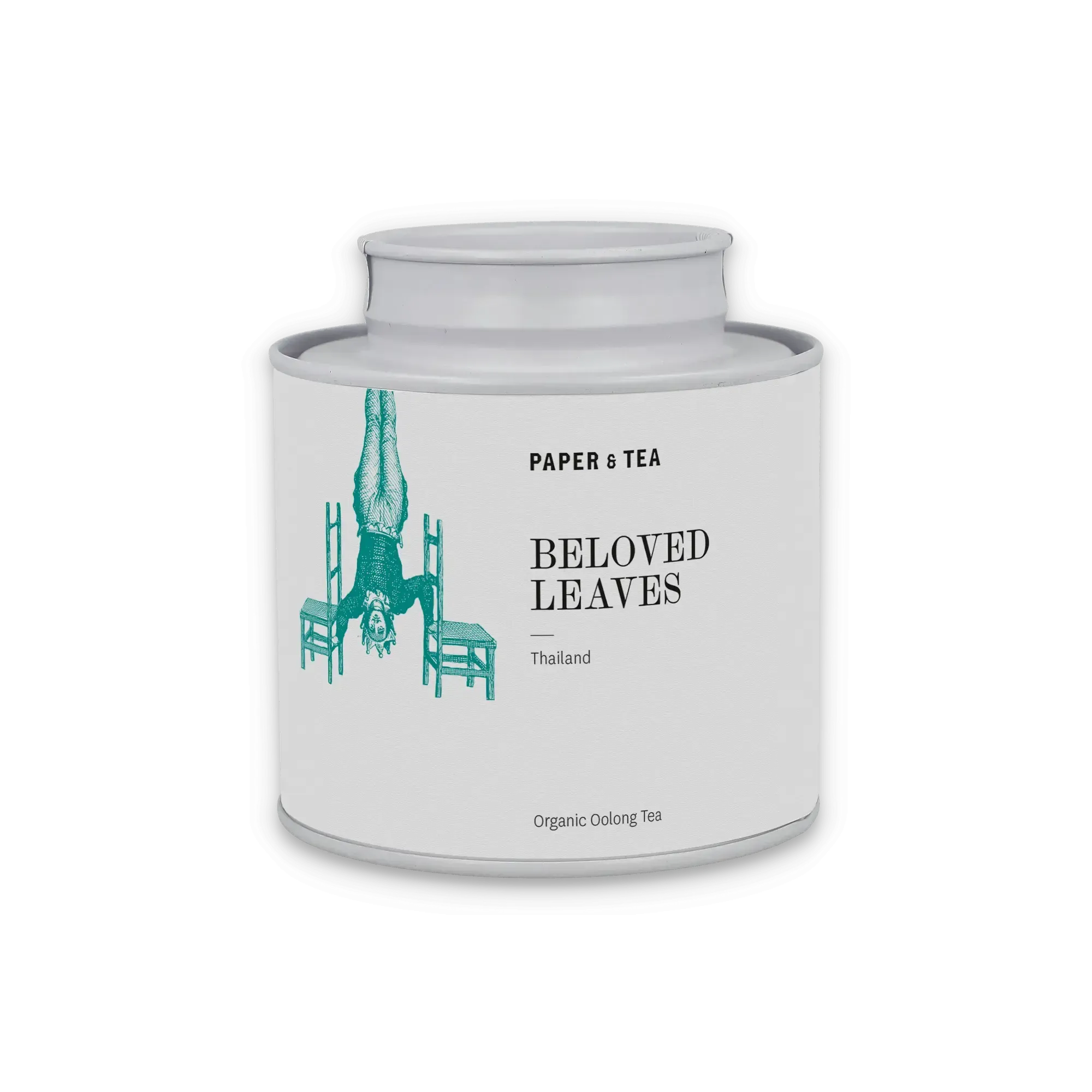 Weißer Zylinderbehälter für Bio-Oolong-Tee von Paper & Tea, mit türkisfarbener Handstand-Illustration.
