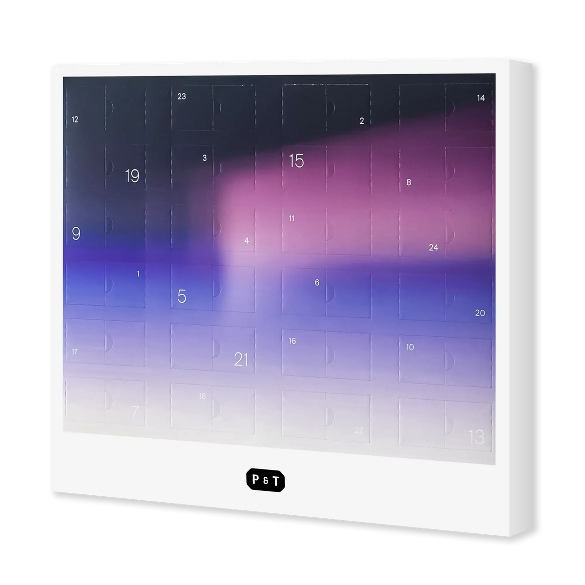 P&T Tee-Adventskalender 2026 mit lila-blauem Farbverlauf und nummerierten Türchen, Aufschrift