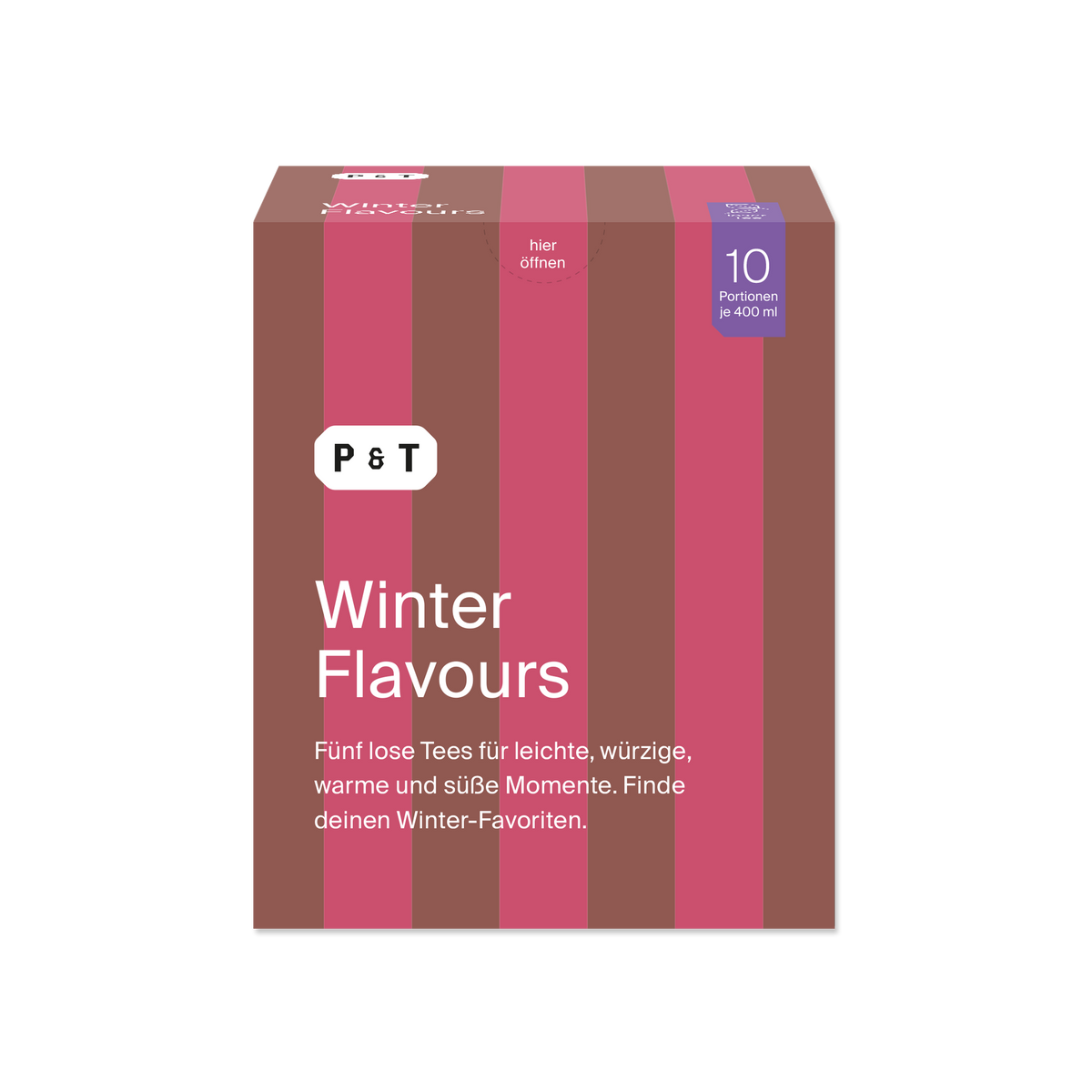 Quadratische P&T Winter Flavours Teebox mit braun-rosa Streifen und fünf losen Wintertees.