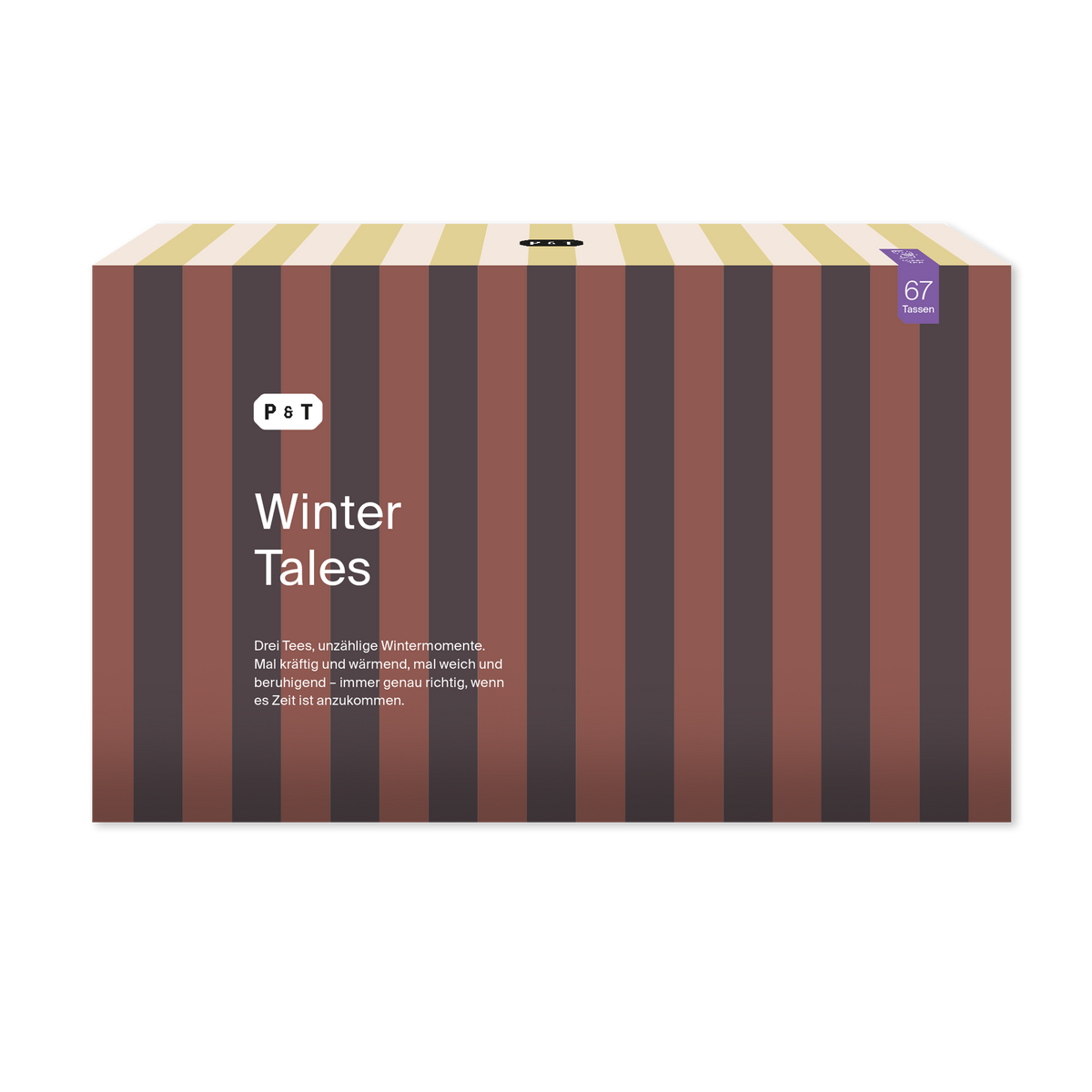 Elegante P&T Winter Tales Teebox mit braunen Streifen, enthält drei verschiedene Wintertees.
