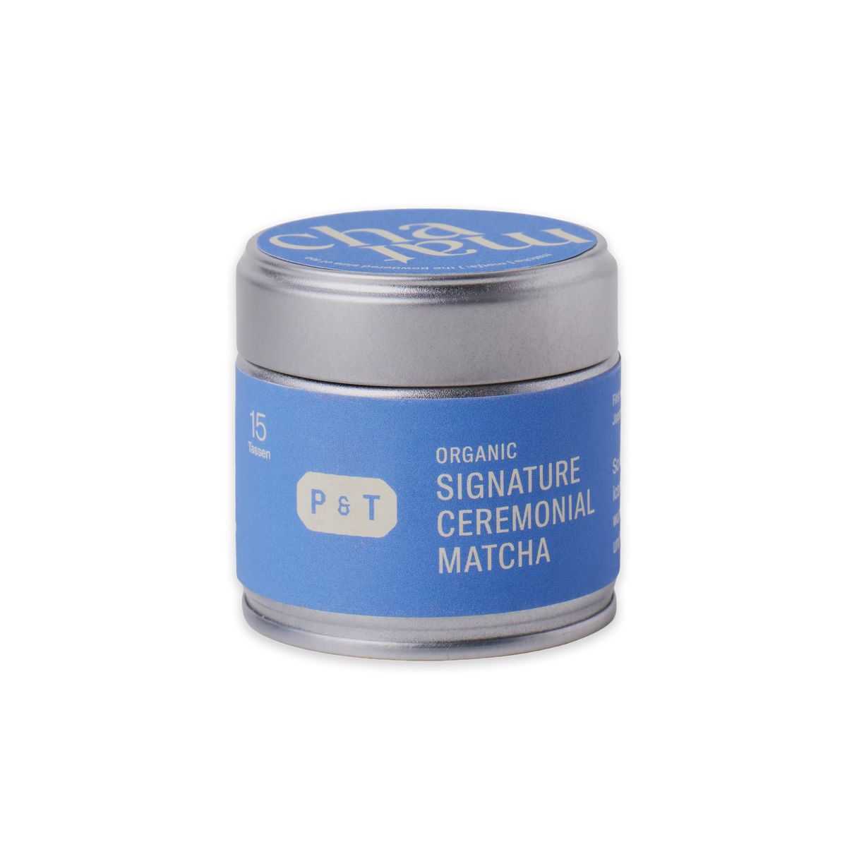 Metall-Dose mit blauem Etikett für P&T Organic Signature Ceremonial Matcha, 15 Tassen