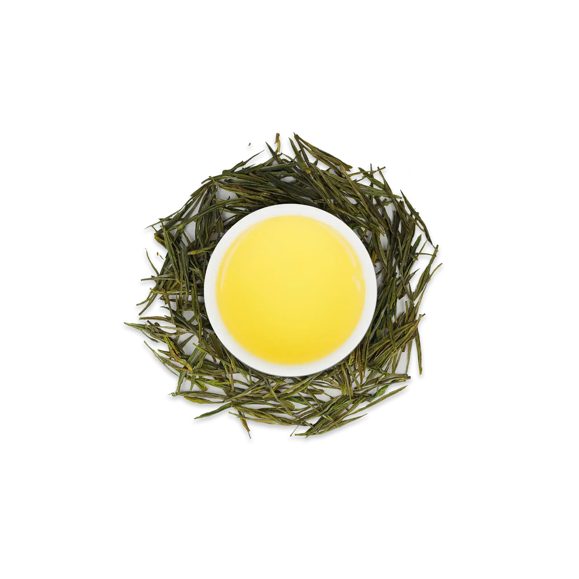 Weißer Keramikbecher mit hellem Tee, umrahmt von grünen Teeblättern auf weißem Hintergrund.