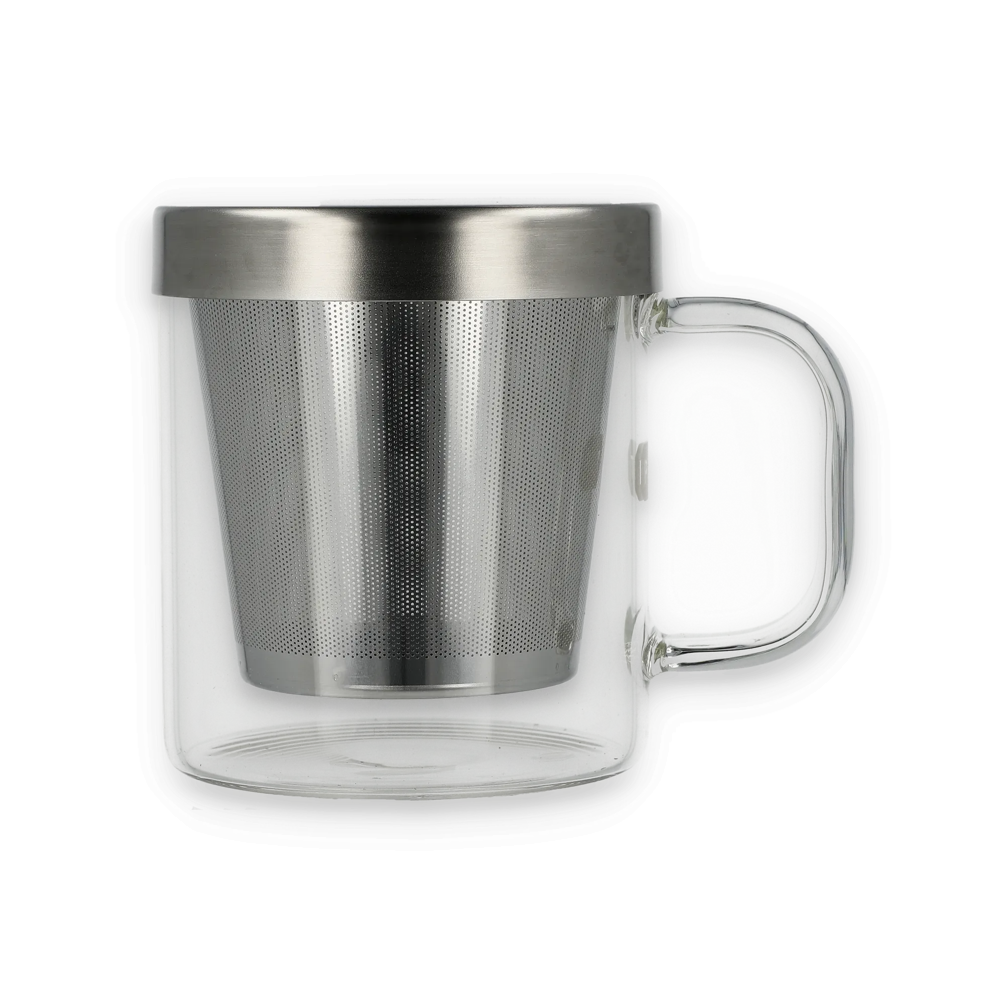 Doppelwandige Glasteetasse mit Metall-Teesieb und glänzendem Metalldeckel, modernes Design