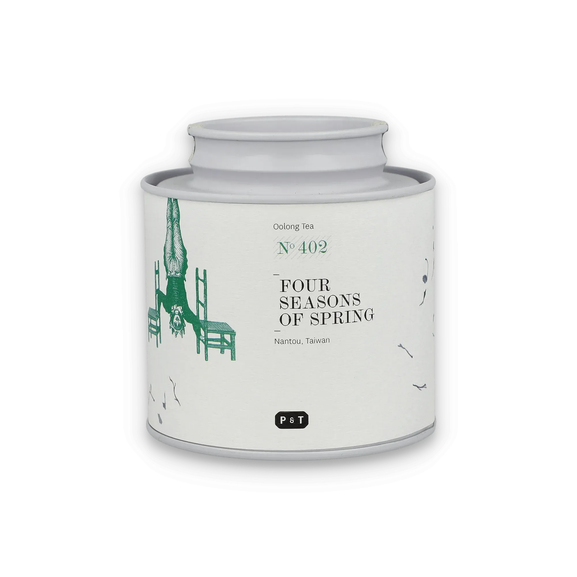 Weiße Oolong-Tee-Dose mit grauem Deckel und grüner Illustration, Herkunft Taiwan.