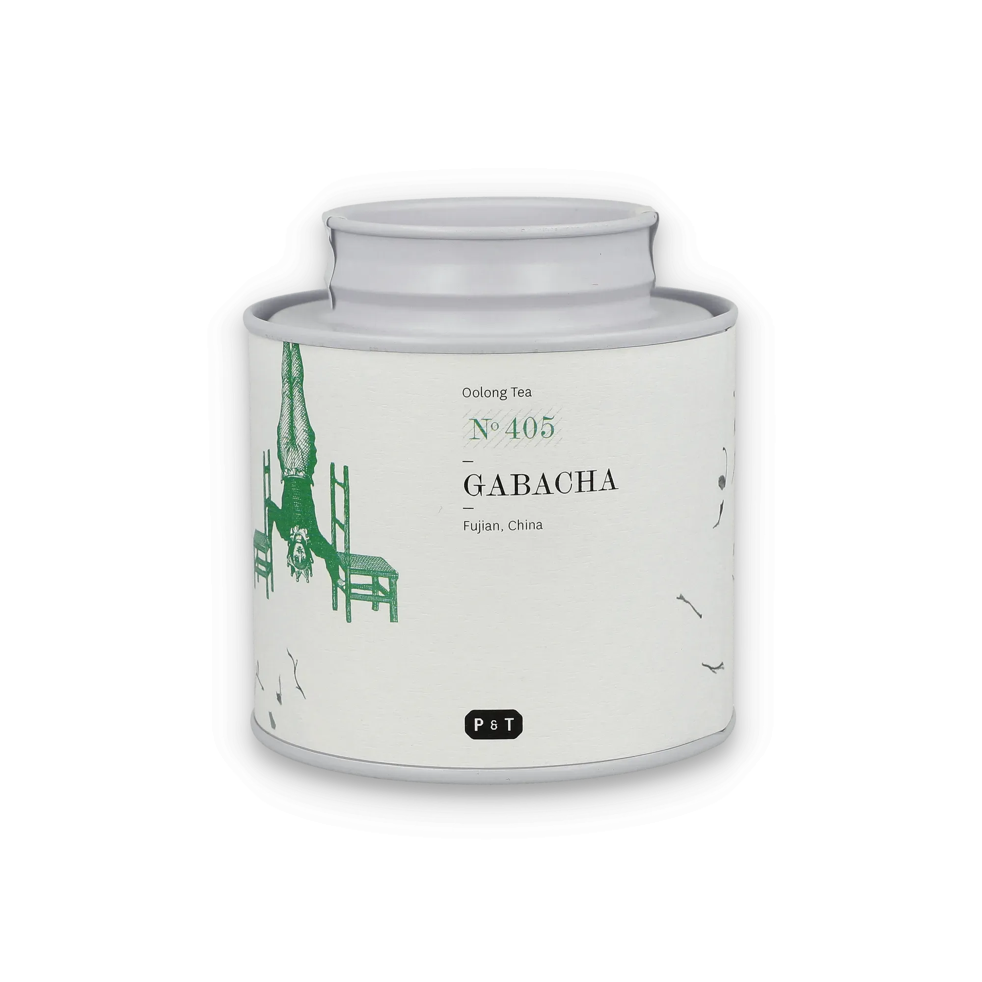 Zylindrische Metallverpackung für Oolong-Tee Nr. 405 Gabacha aus China mit grünem Kunstmotiv.