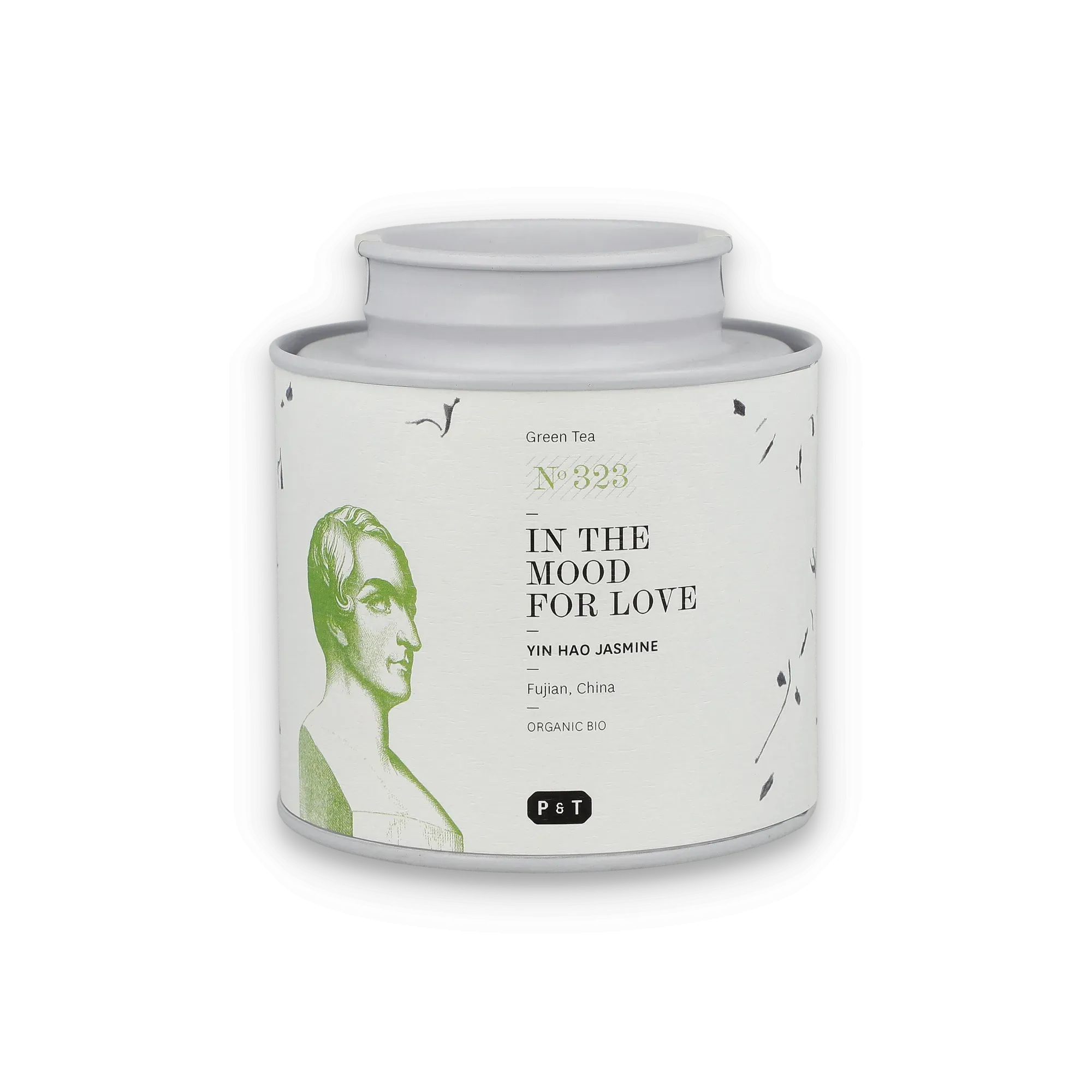 Weiße Teedose mit grünem Porträt und Etikett für Yin Hao Jasmine Bio-Grüntee aus Fujian, China.