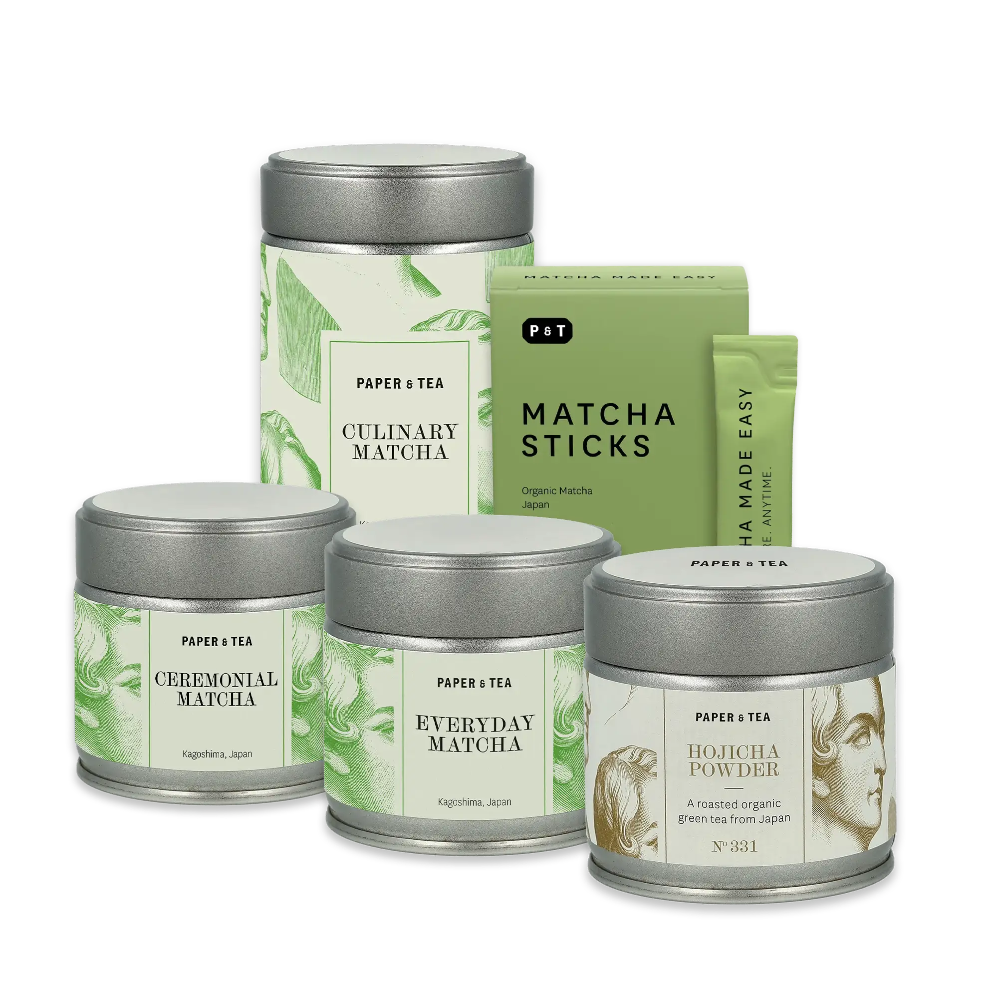 Vier hochwertige Metalldosen mit Bio-Japan-Tees und P&T Matcha-Sticks in elegantem Grün.