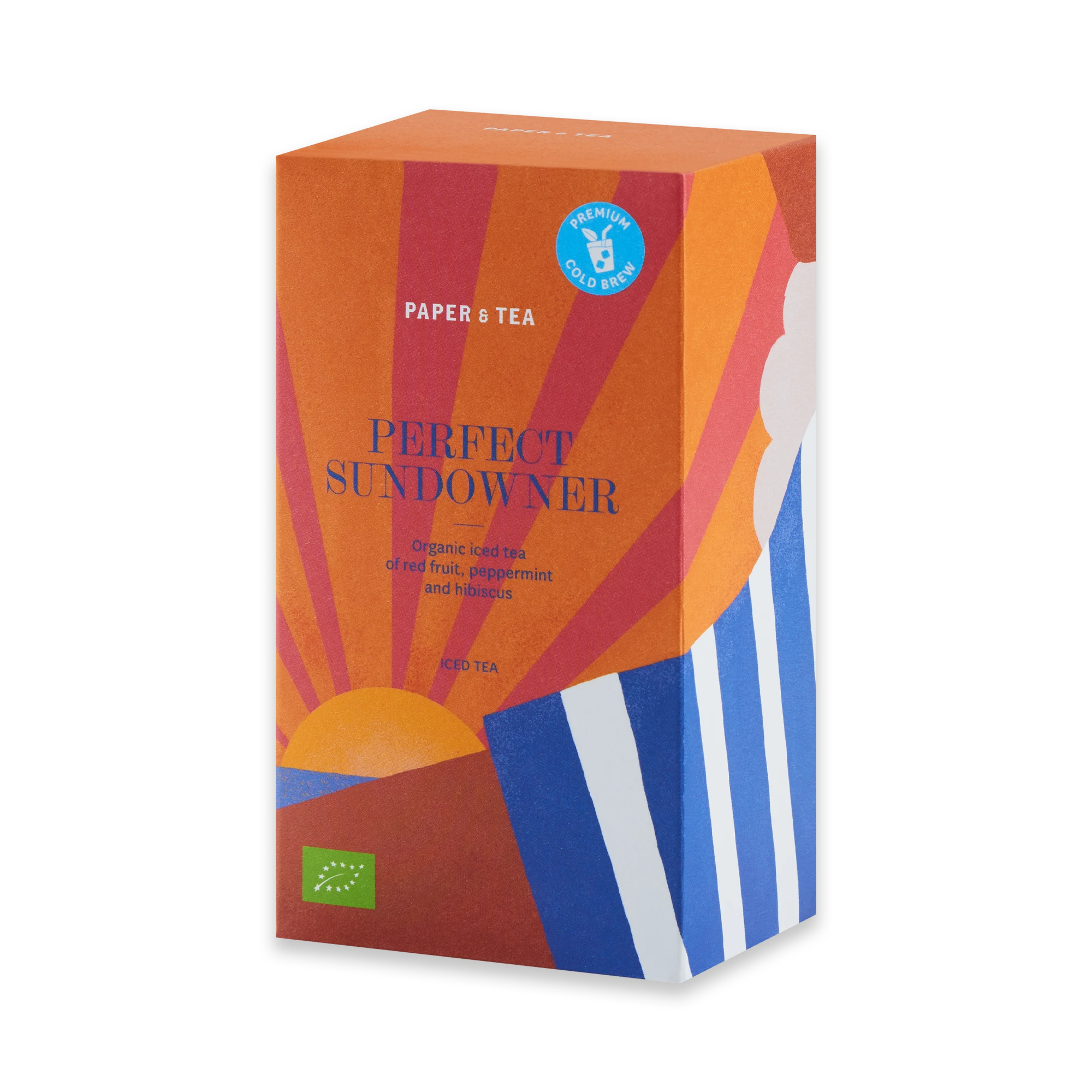Rectangle package of Paper & Tea Perfect Sundowner, organic iced tea with red fruits, mint, and hibiscus.