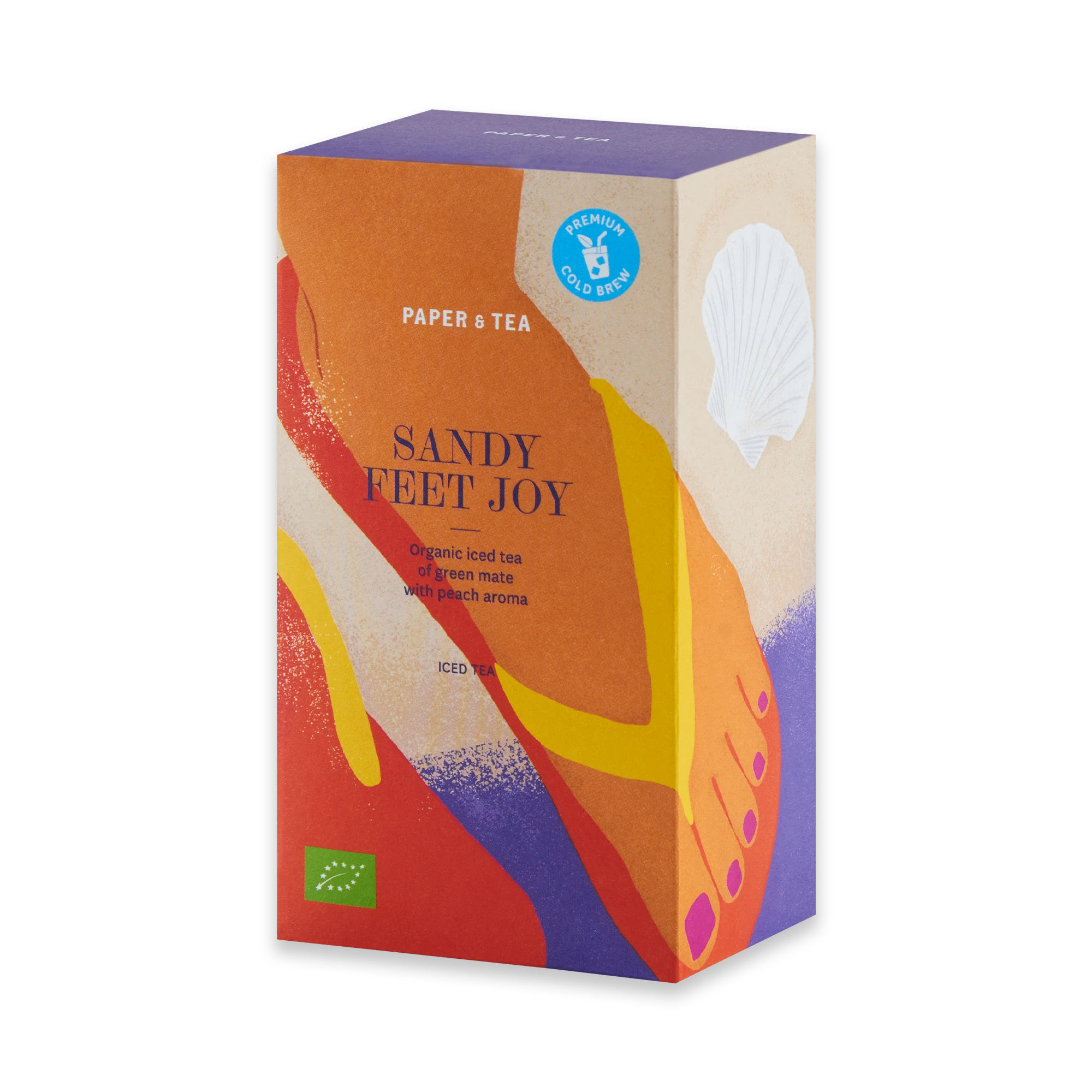 Bunte Paper & Tea Verpackung für SANDY FEET JOY, Bio-Eistee mit grünem Mate, Pfirsich und Cold Brew Siegel.