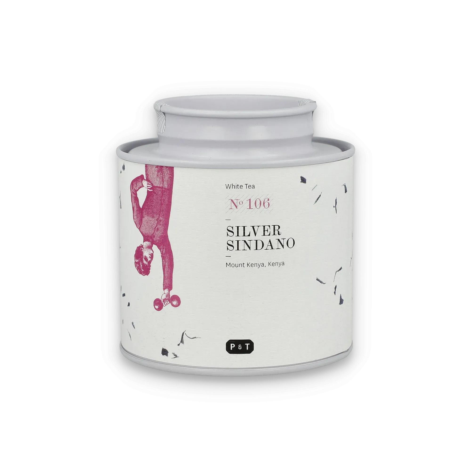 Weißer Teebehälter No 106 Silver Sindano aus Mount Kenya mit roter Kopfsteher-Illustration
