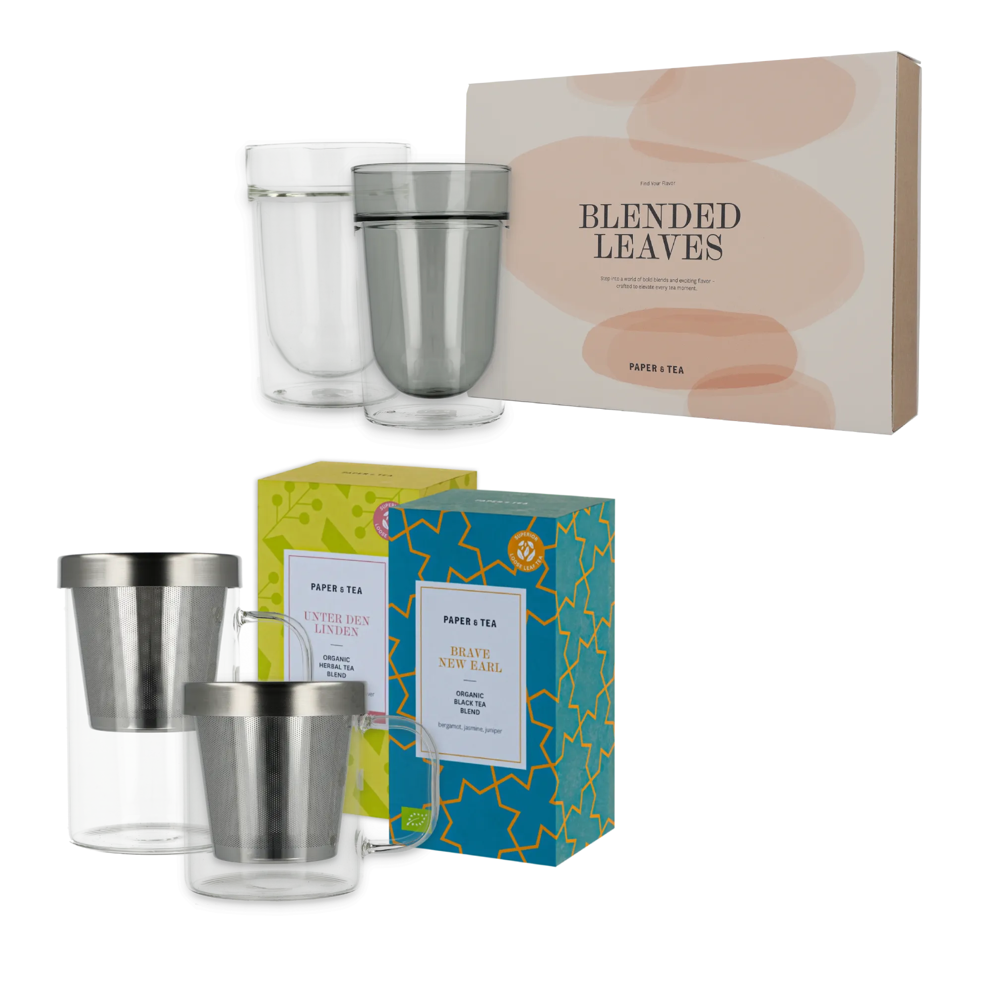 Beige Box 'Blended Leaves', zwei doppelwandige Teegläser, blaue 'Brave New Earl' Box, grüne 'Unter den Linden' Box