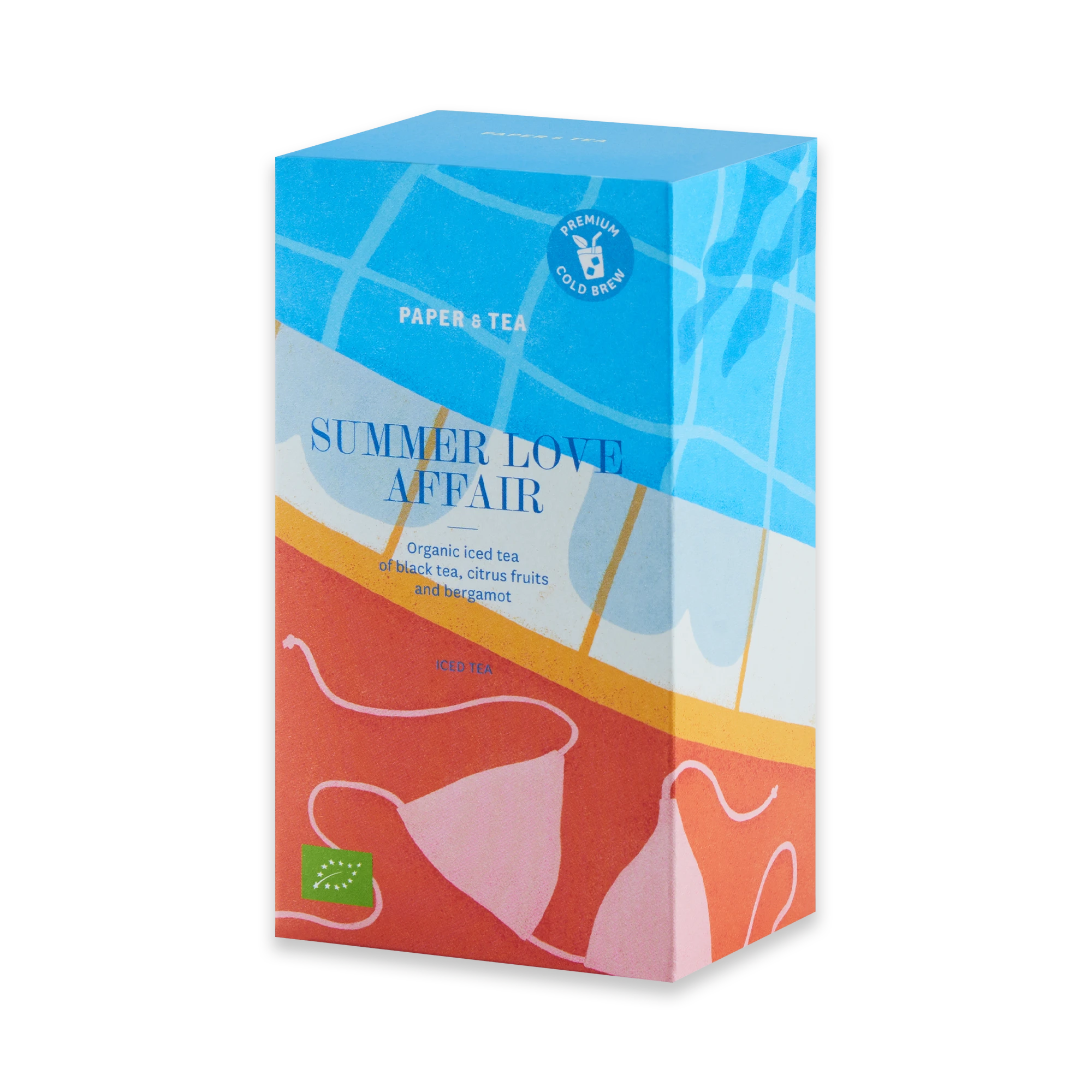 Bunte Verpackung des Paper & Tea Summer Love Affair Eistees mit schwarzem Tee und Zitrusfrüchten.