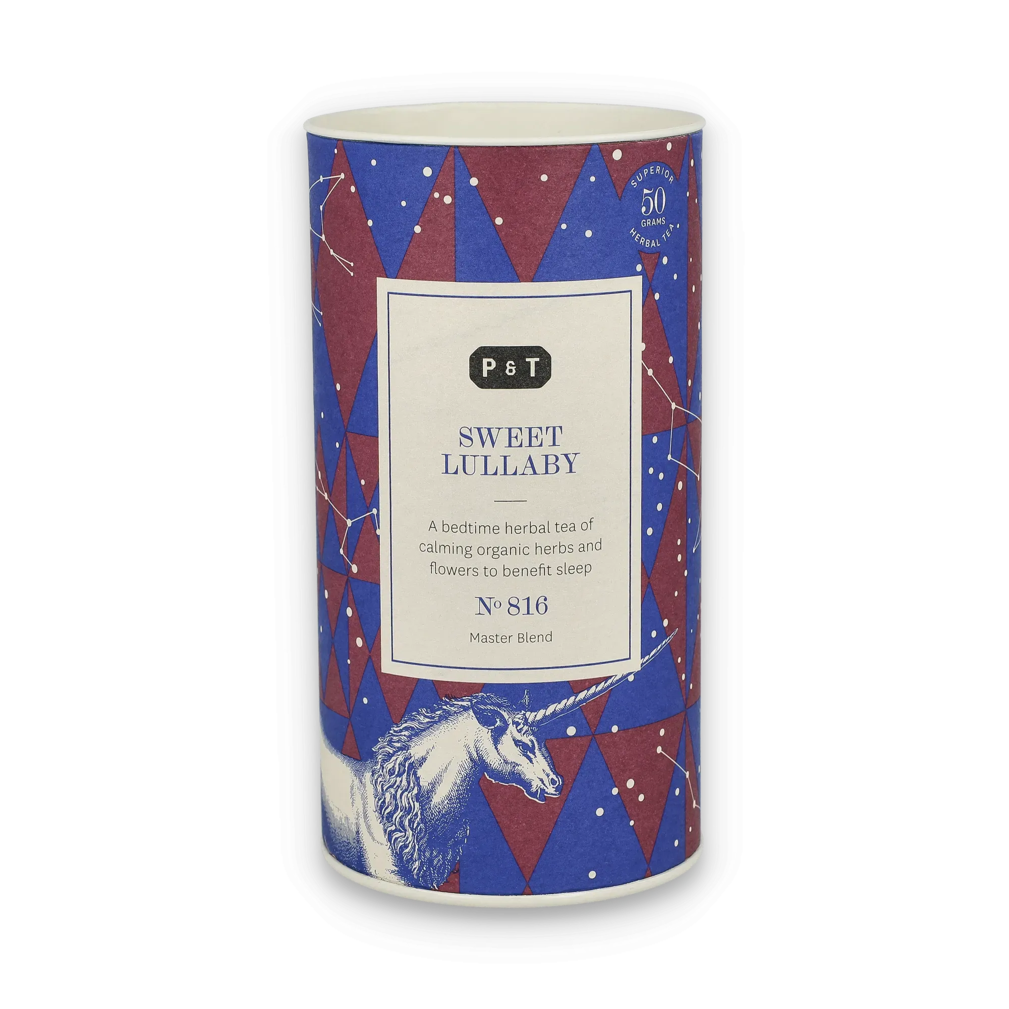 Zylindrische Teedose mit blau-weinroten Mustern und Einhorn, 'SWEET LULLABY' Schlaftee.