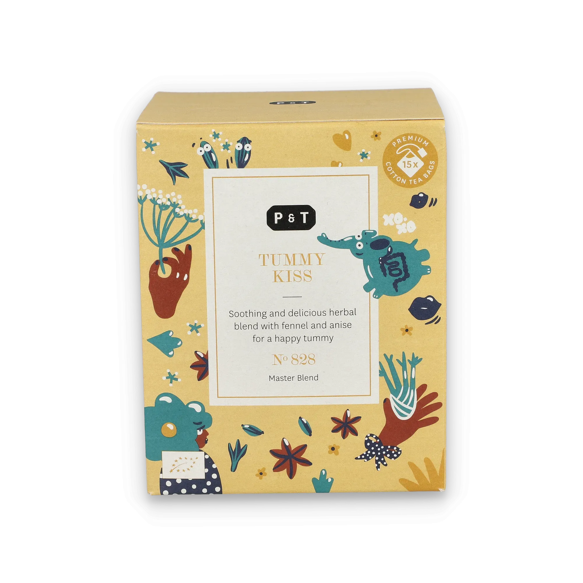 Gelbe P & T Tummy Kiss Tee-Box mit botanischen Illustrationen und Hinweis auf 15 Baumwoll-Teebeutel.