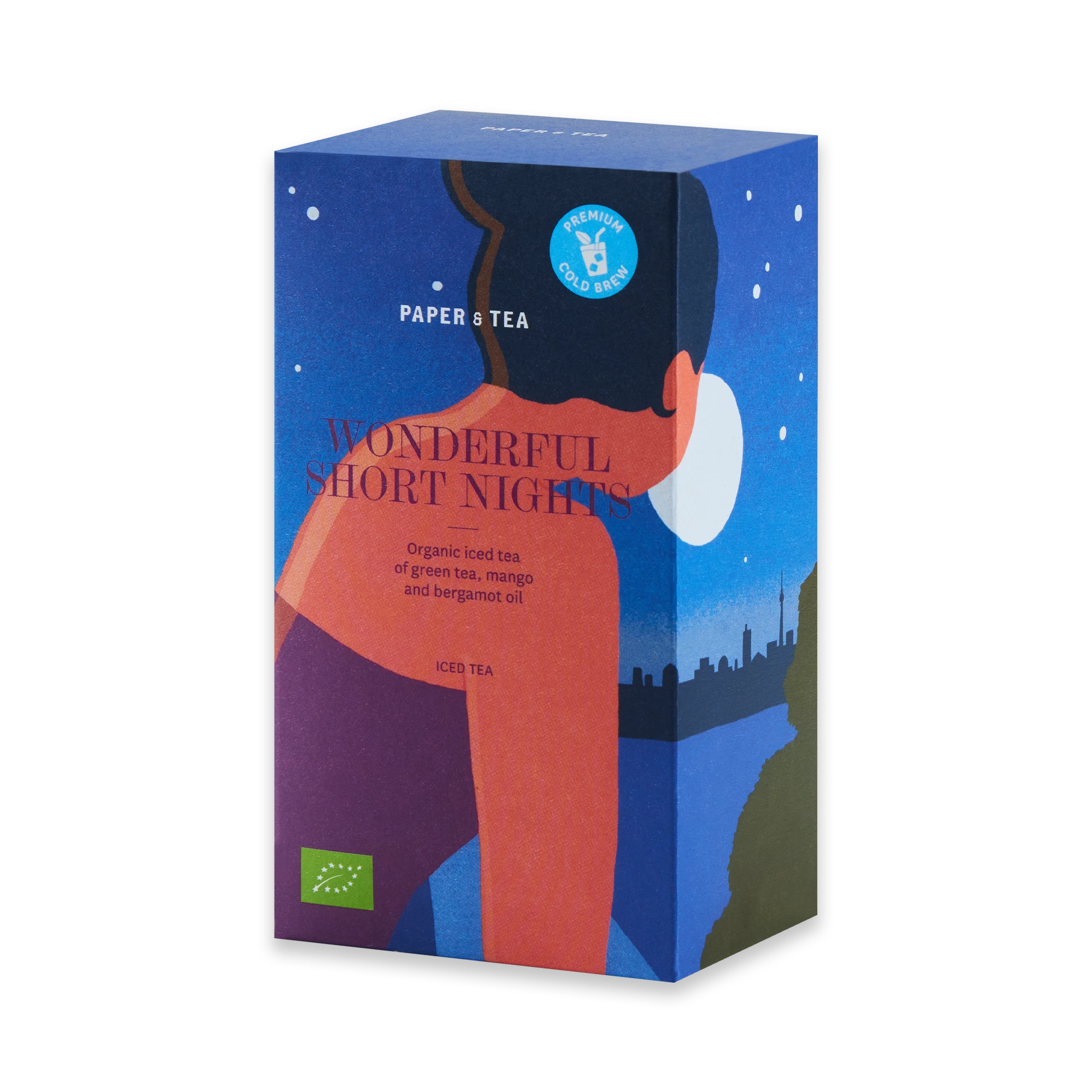 PAPER & TEA Premium Cold Brew Verpackung mit nächtlicher Stadtansicht und Frau im lila Kleid.