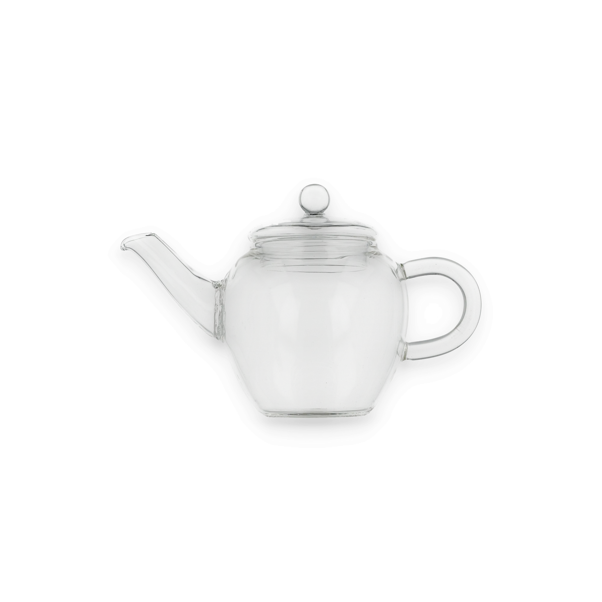 Runder Glasteekessel mit Griff und Deckelknauf auf schwarzem Hintergrund