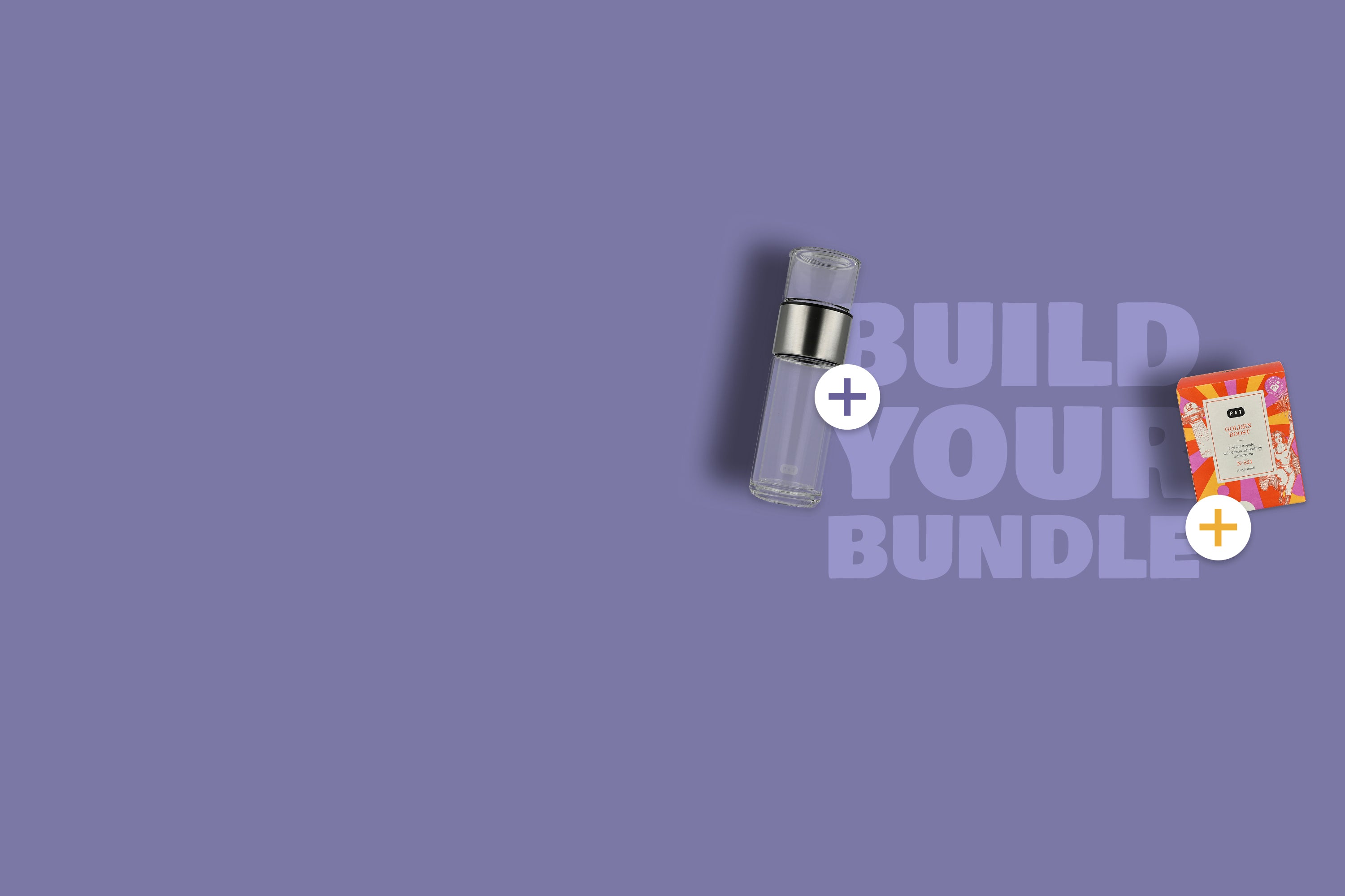 Angebot zur Zusammenstellung eines Bundles mit transparenter Flasche und bunter P & T GOLDEN BOOST Box.