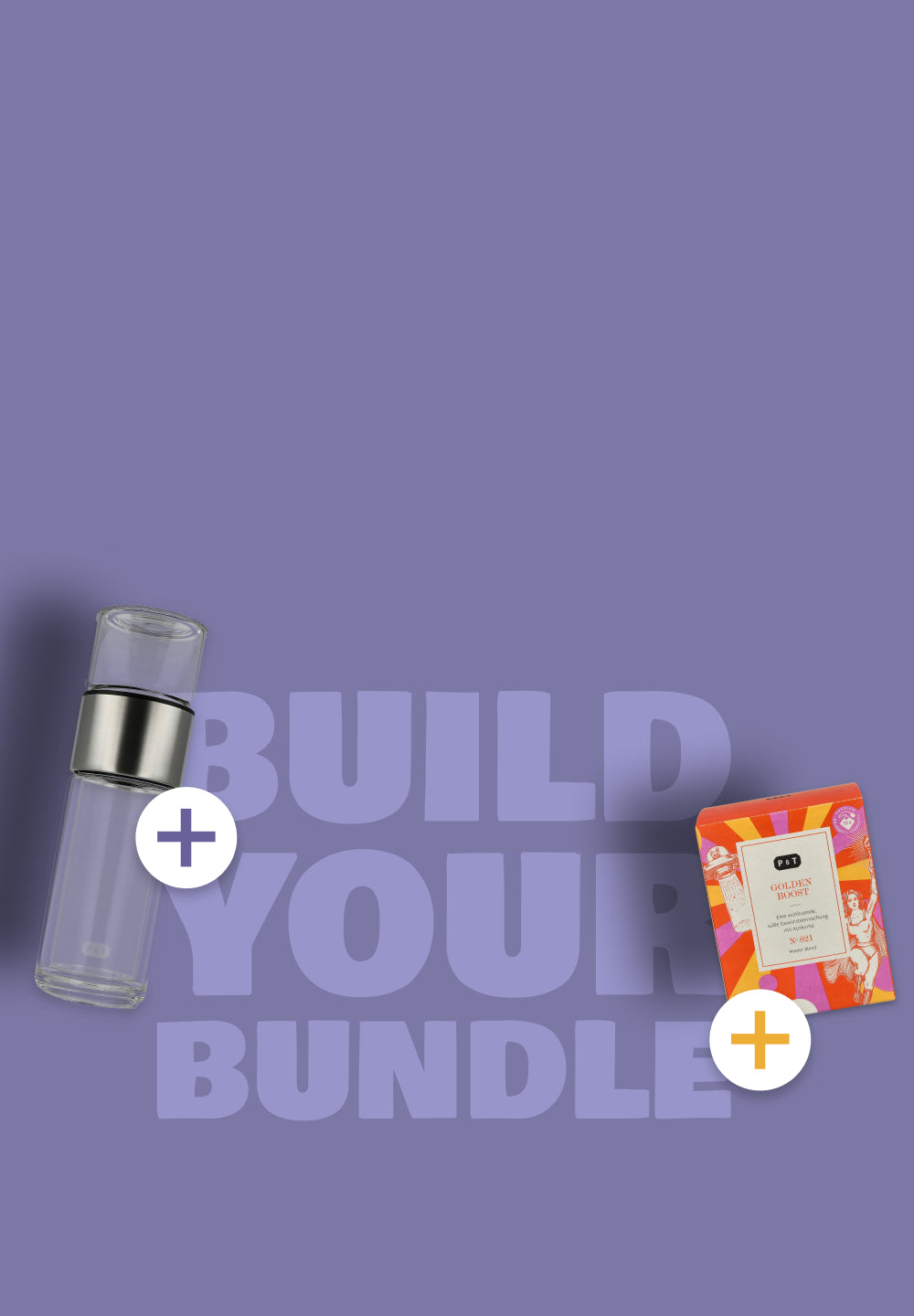 Klare Glasdose mit Metallband neben bunter Vintage-Box 'GOLDEN BOOST N - 821' auf lila Hintergrund.