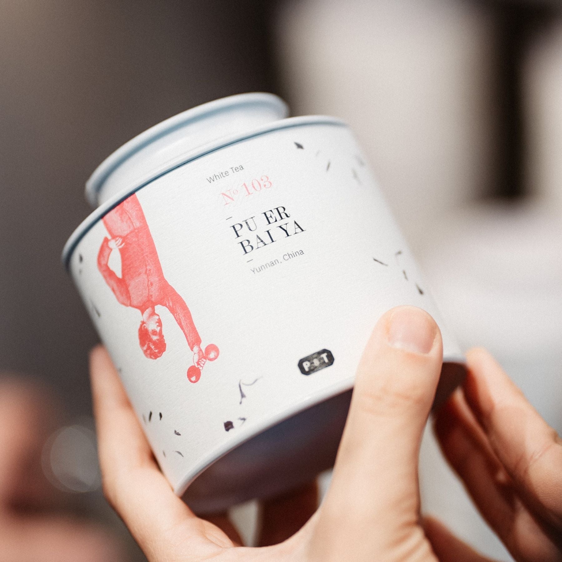 Nahaufnahme einer weißen Teedose mit schwarzer und roter Beschriftung für Pu Er Bai Ya Weißen Tee aus Yunnan.