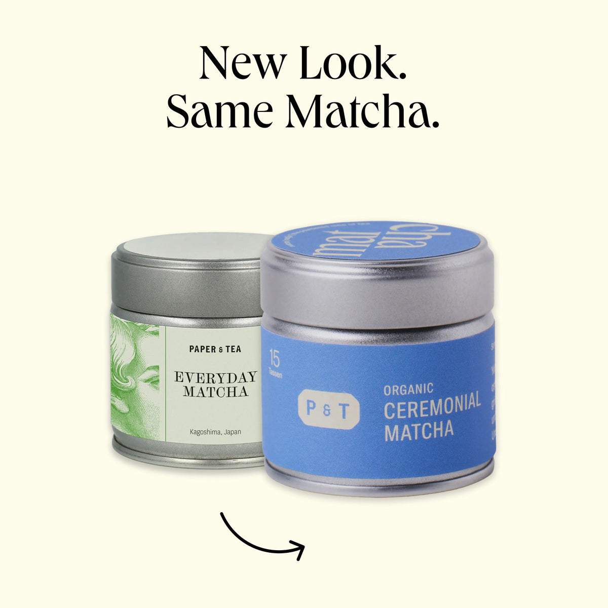 Zwei P&T Matcha-Dosen mit alter und neuer Verpackung, grüne und blaue Etiketten, Ceremonial Matcha.