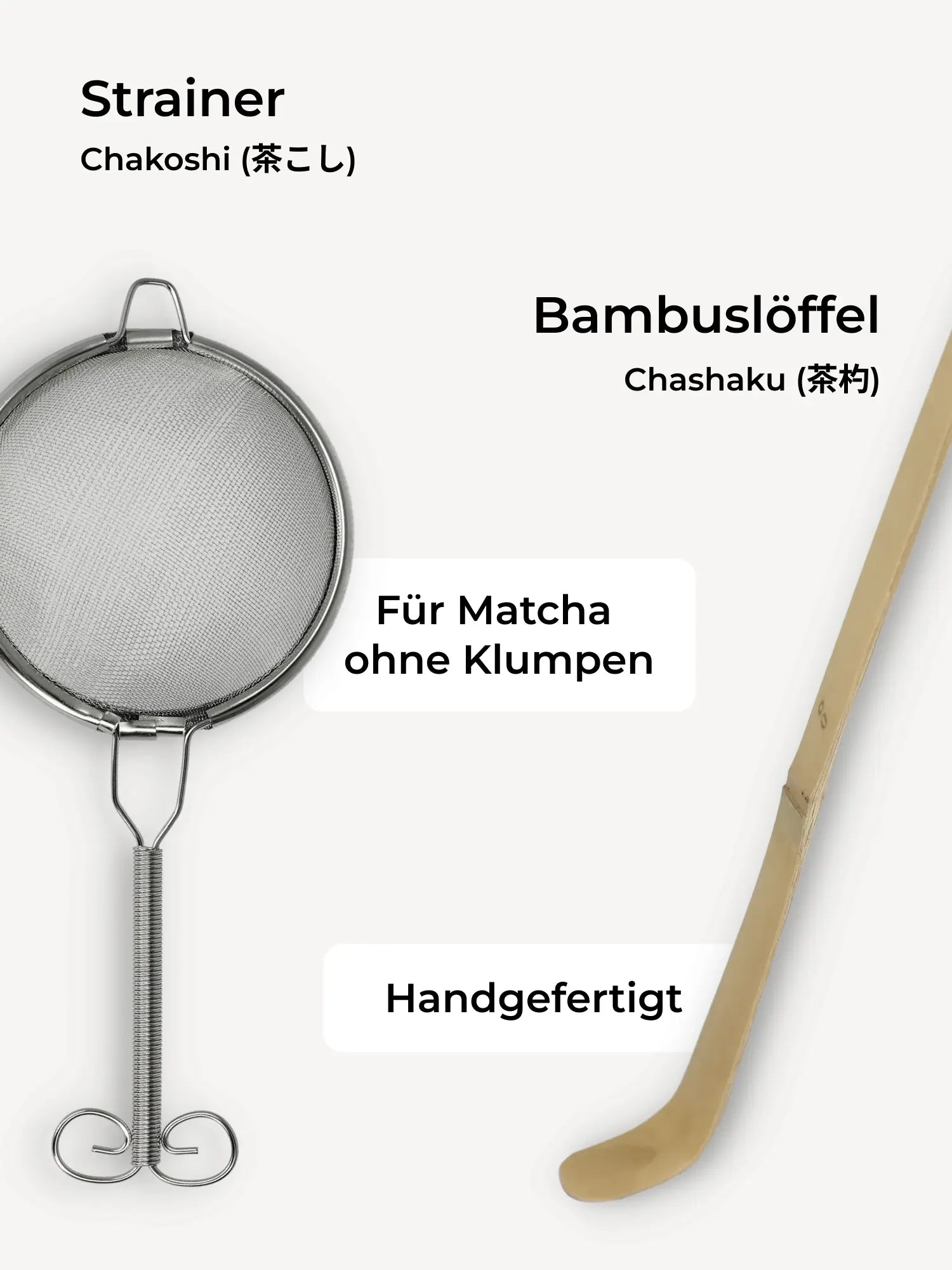 Handgefertigtes Metall-Teesieb Chakoshi mit feinem Netz und Bambuslöffel Chashaku.