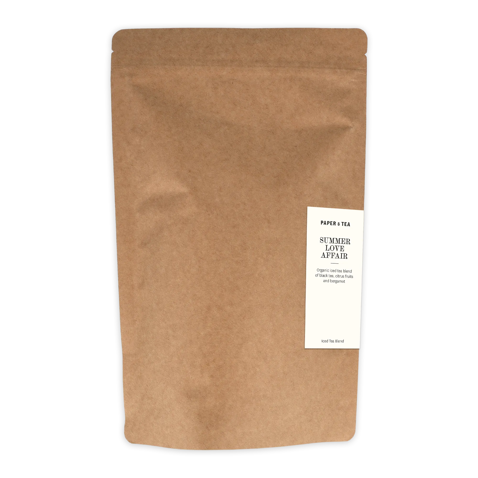 Braune Kraftpapier-Verpackung für organischen Schwarzen Tee mit Zitrus und Bergamotte, Summer Love Affair von Paper & Tea