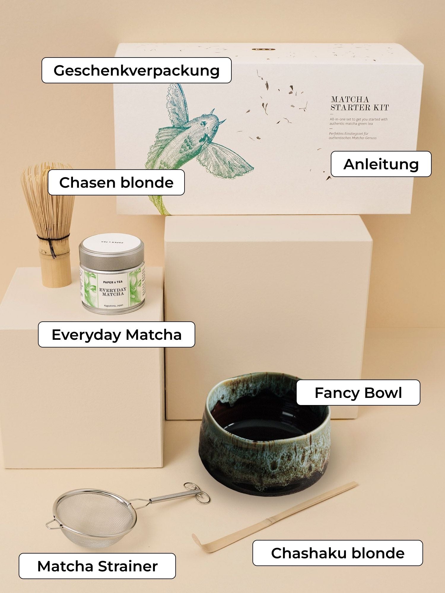 Matcha Starter Kit mit Geschenkbox, Kagoshima Matcha, Bambusbesen, Keramikschale, Löffel, Sieb