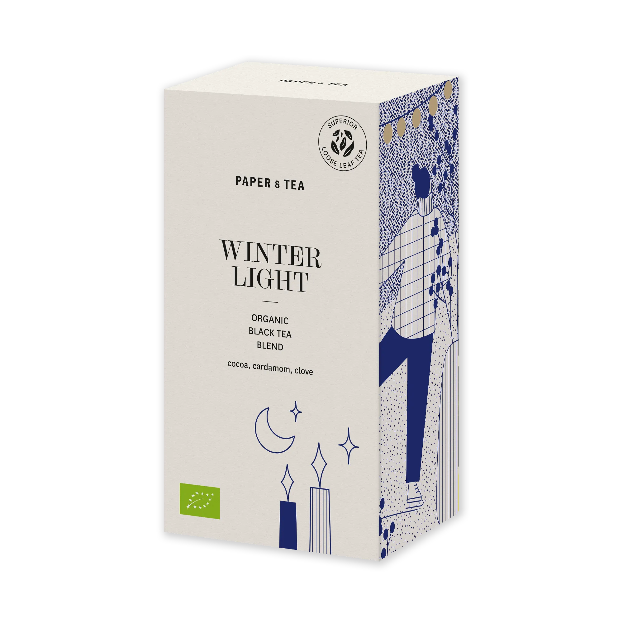 Bio-Schwarztee Winter Light mit Kakao, Kardamom, Nelke in blauer minimalistischer Verpackung.