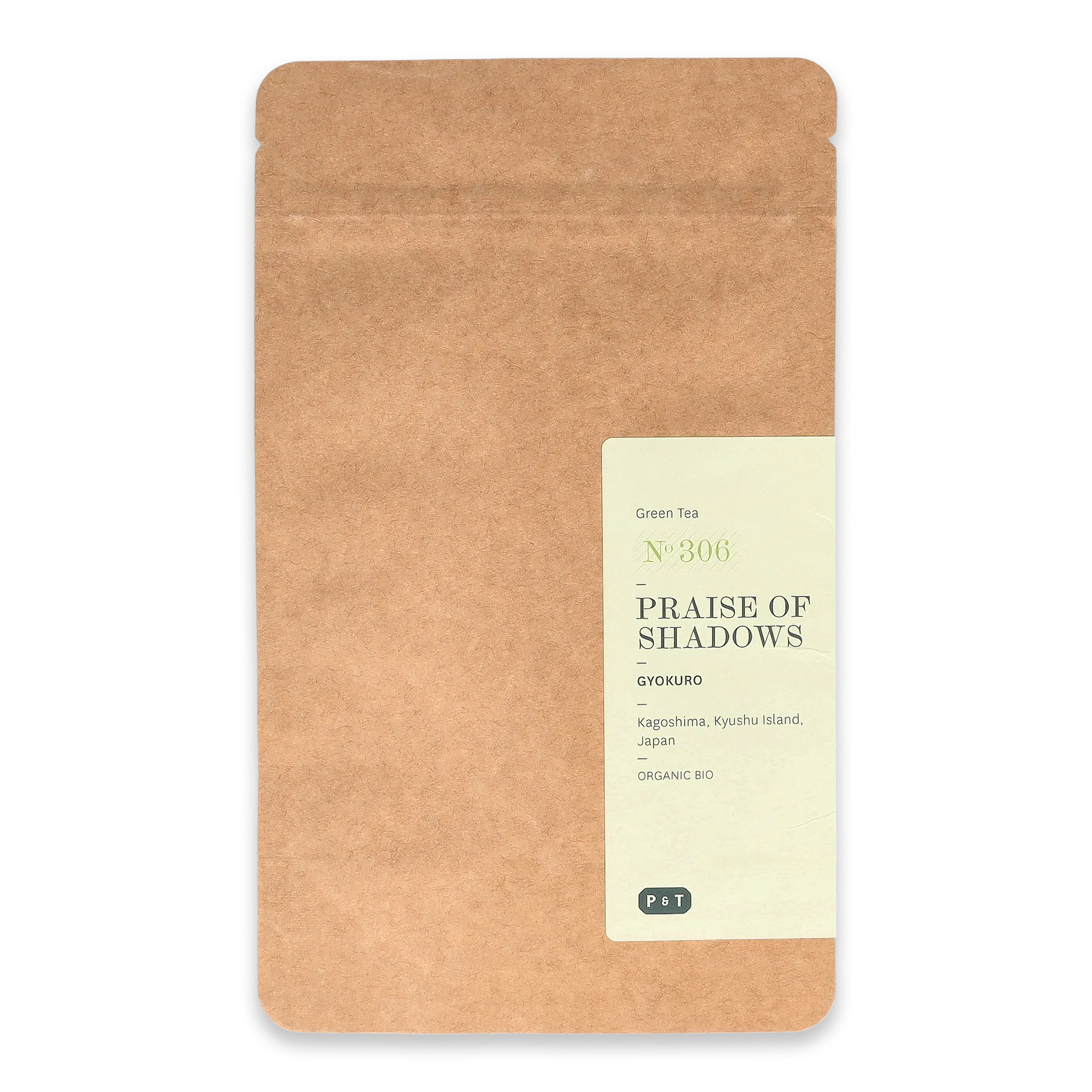 Kraftpapier-Tasche mit Etikett für Bio-Gyokuro-Grüntee aus Kagoshima, Japan, mit P & T Logo.