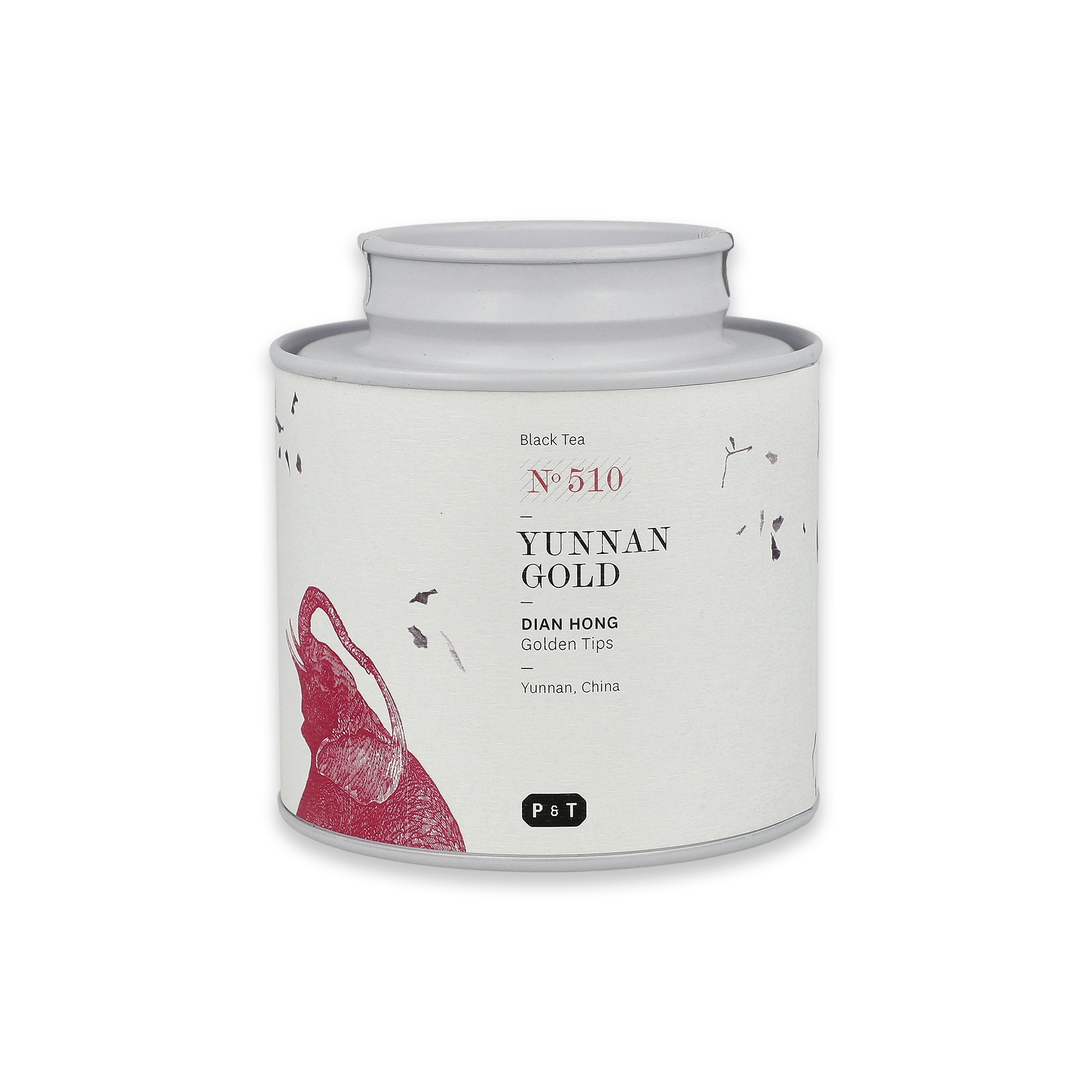 Zylindrische Teedose mit grauem Deckel und rotem Elefantenmotiv für Yunnan Gold Schwarztee.