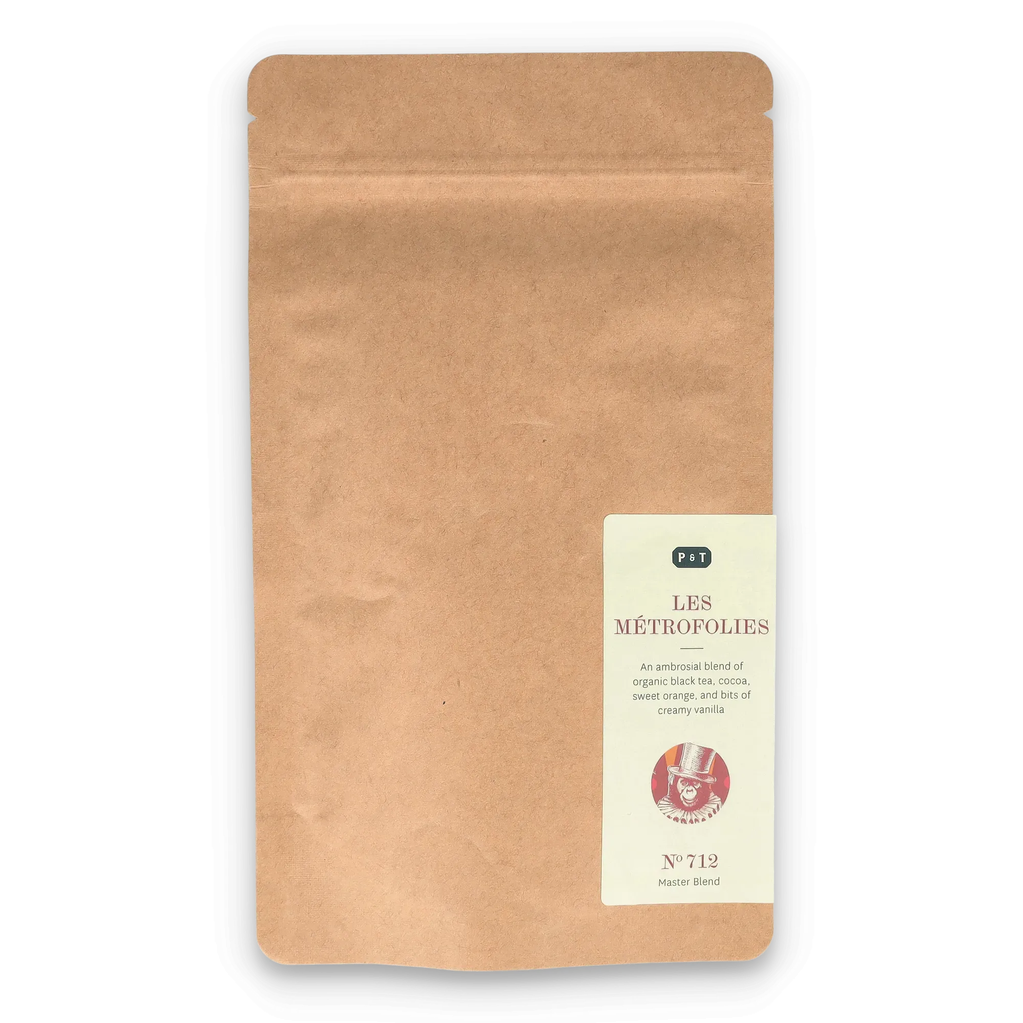 Braune Kraftpapiertüte mit Etikett für P & T Schwarztee 'LES MÉTROFOLIES' mit Kakao, Orange, Vanille.