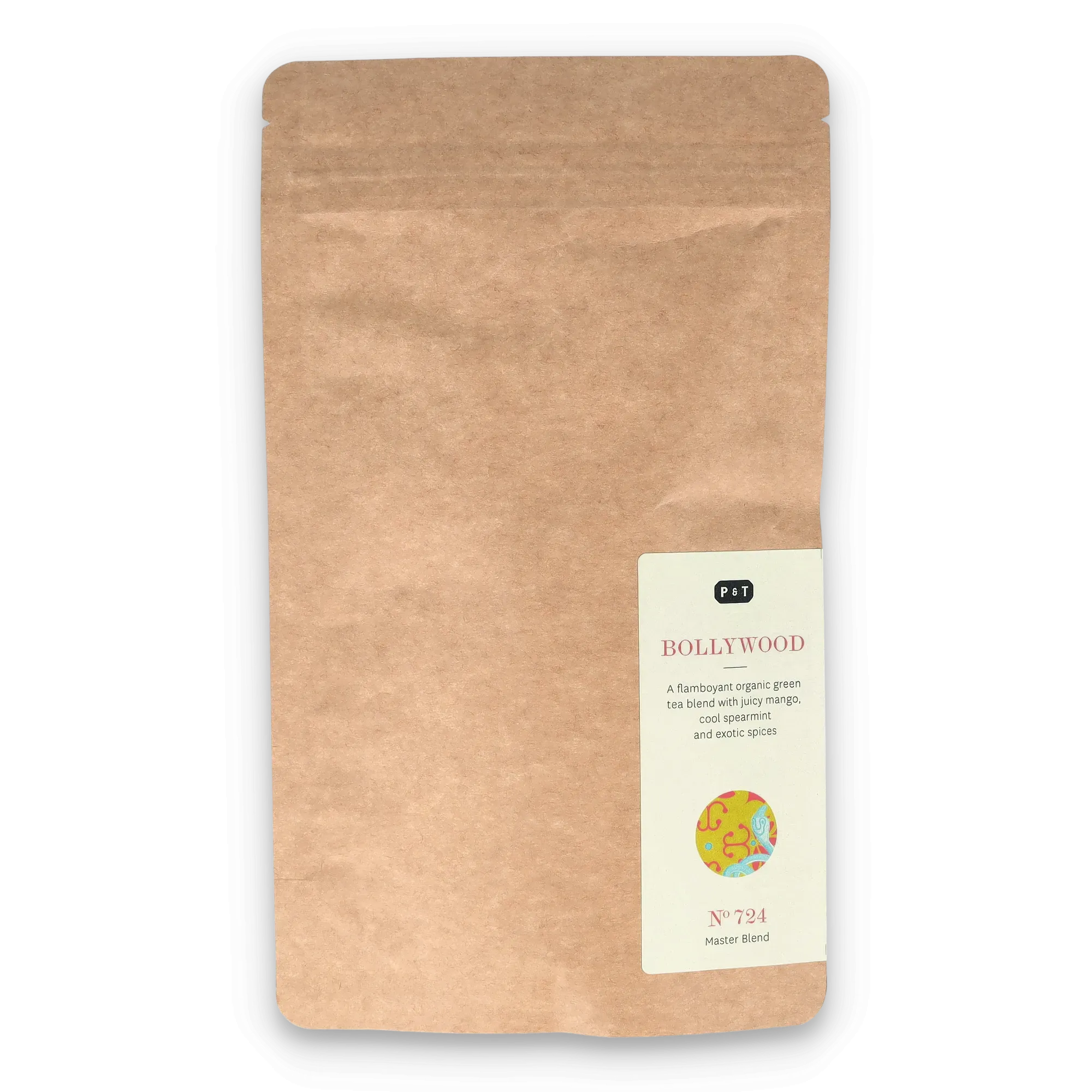 Braune Papierverpackung mit Reißverschluss für P & T Bollywood Bio-Grüntee, Mango, Minze, Gewürze.