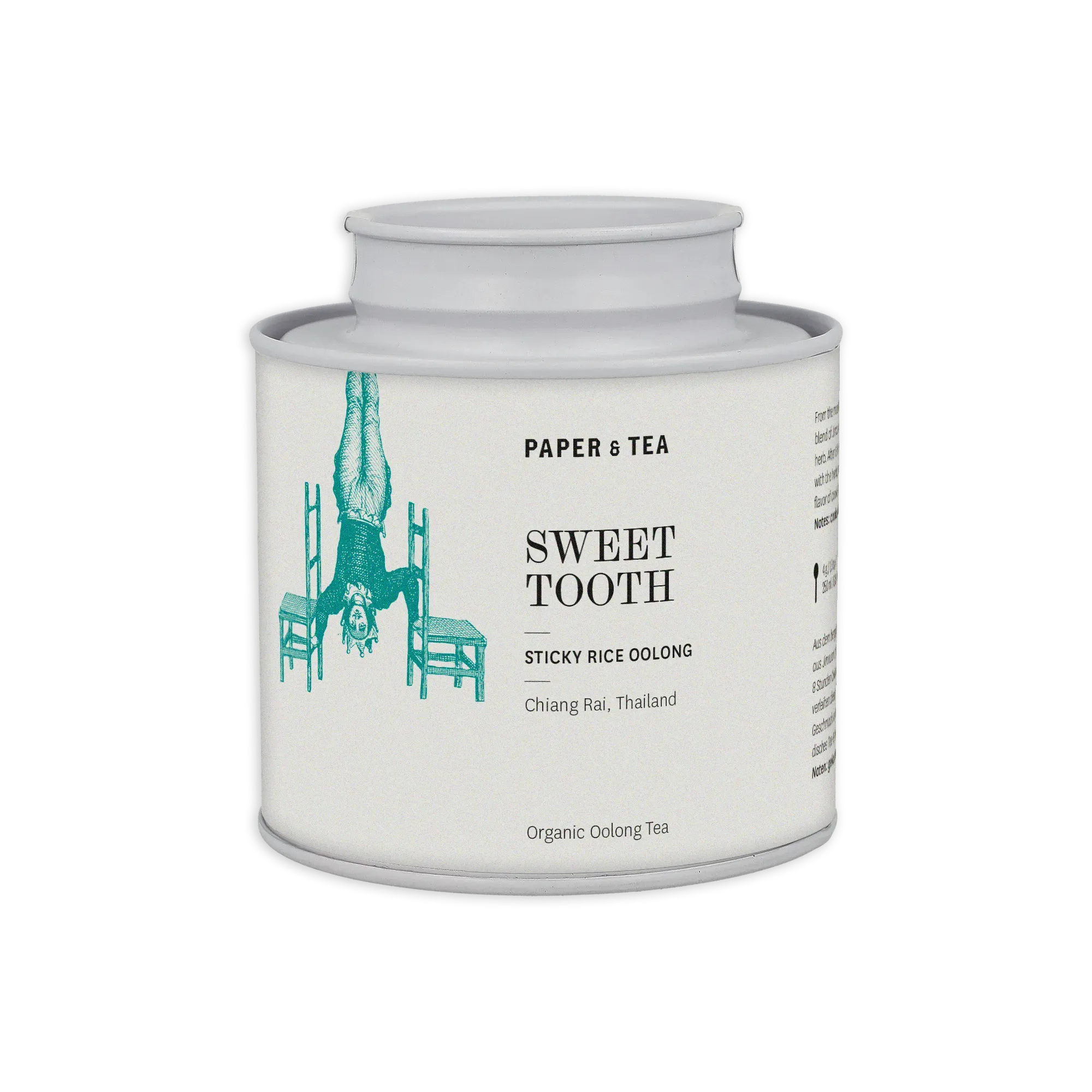 Weiße Teedose mit türkisfarbenem Aufdruck, enthält Organic Sticky Rice Oolong Tea aus Thailand.