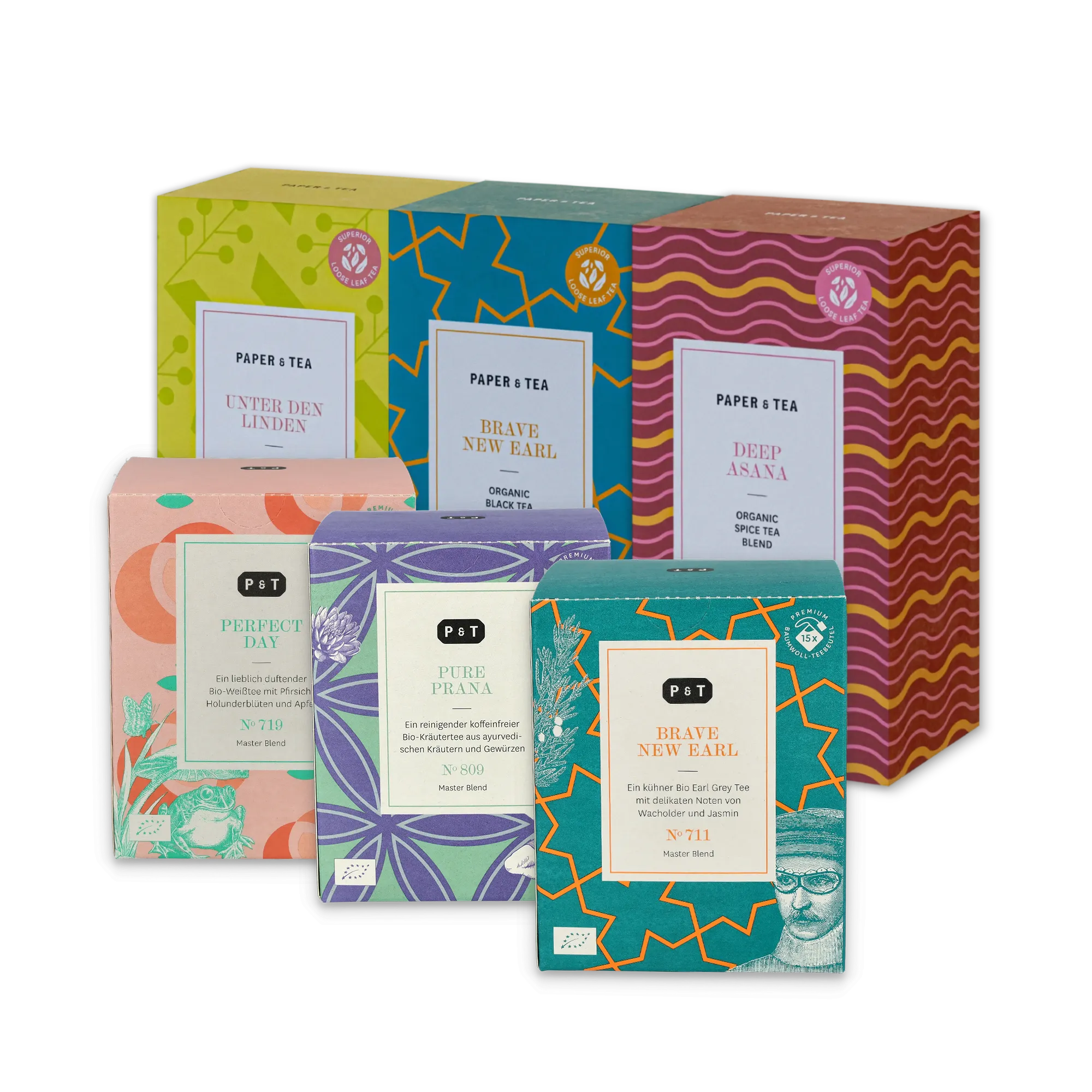 Sechs elegante PAPER & TEA Verpackungen für Bio-Tees, darunter UNTER DEN LINDEN und BRAVE NEW EARL.