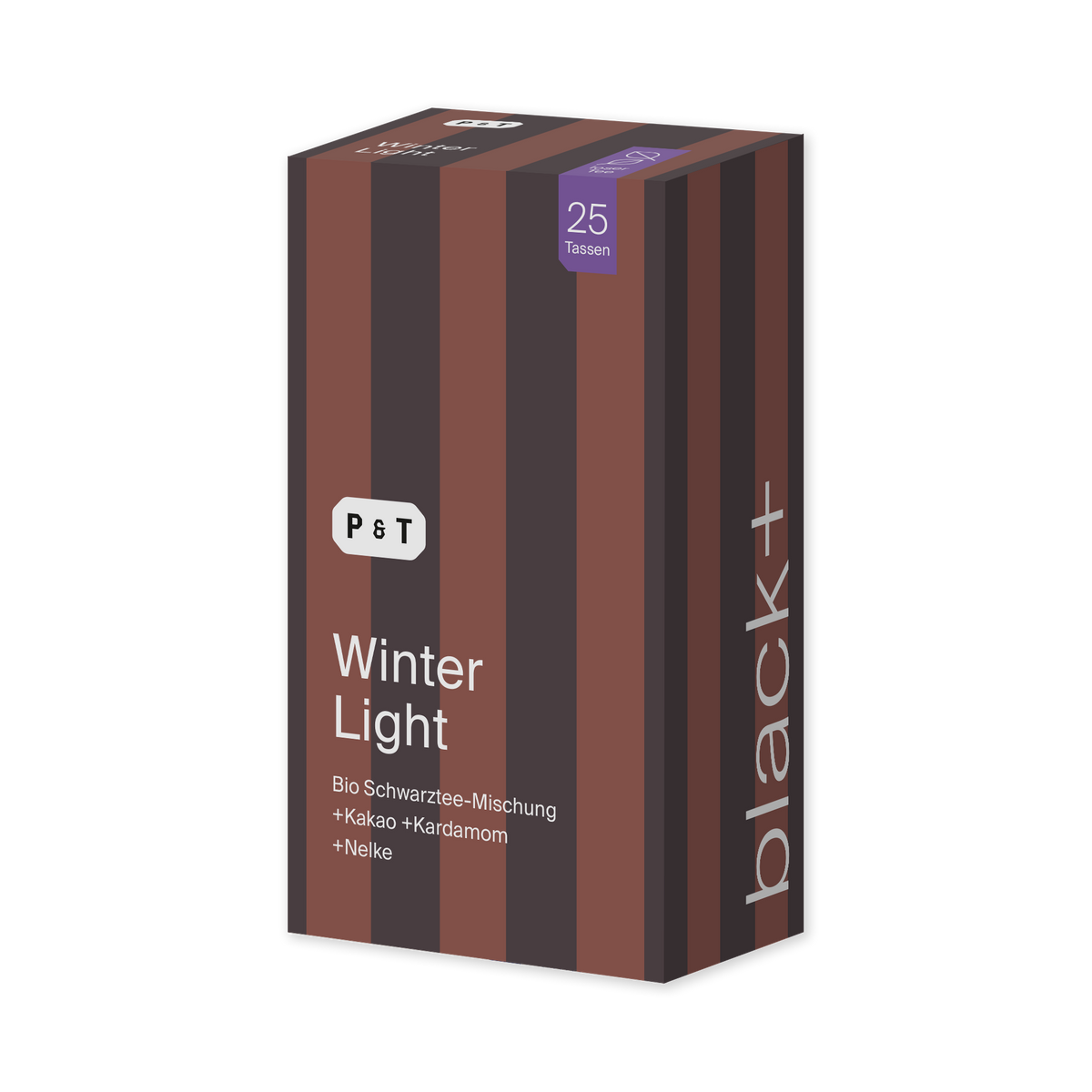 Rechteckige P&T Winter Light Teeschachtel mit braunen Streifen, Bio-Schwarztee mit Kakao, Kardamom und Nelke.