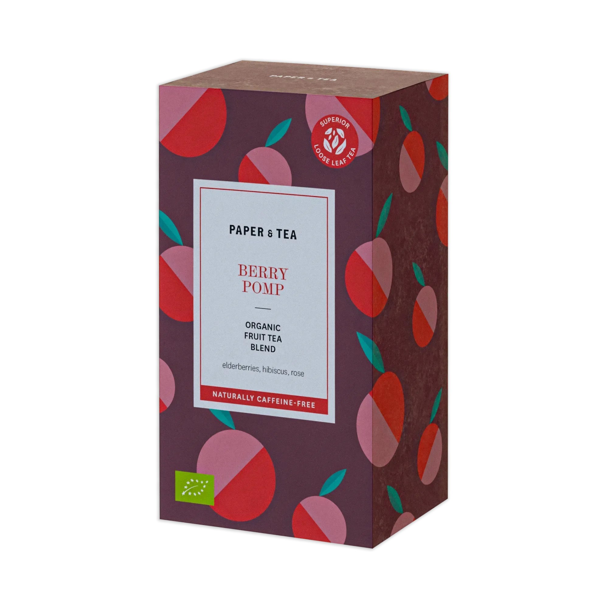 Verpackung von PAPER & TEA BERRY POMP Bio-Früchtetee mit Holunderbeeren, Hibiskus und Rose, koffeinfrei